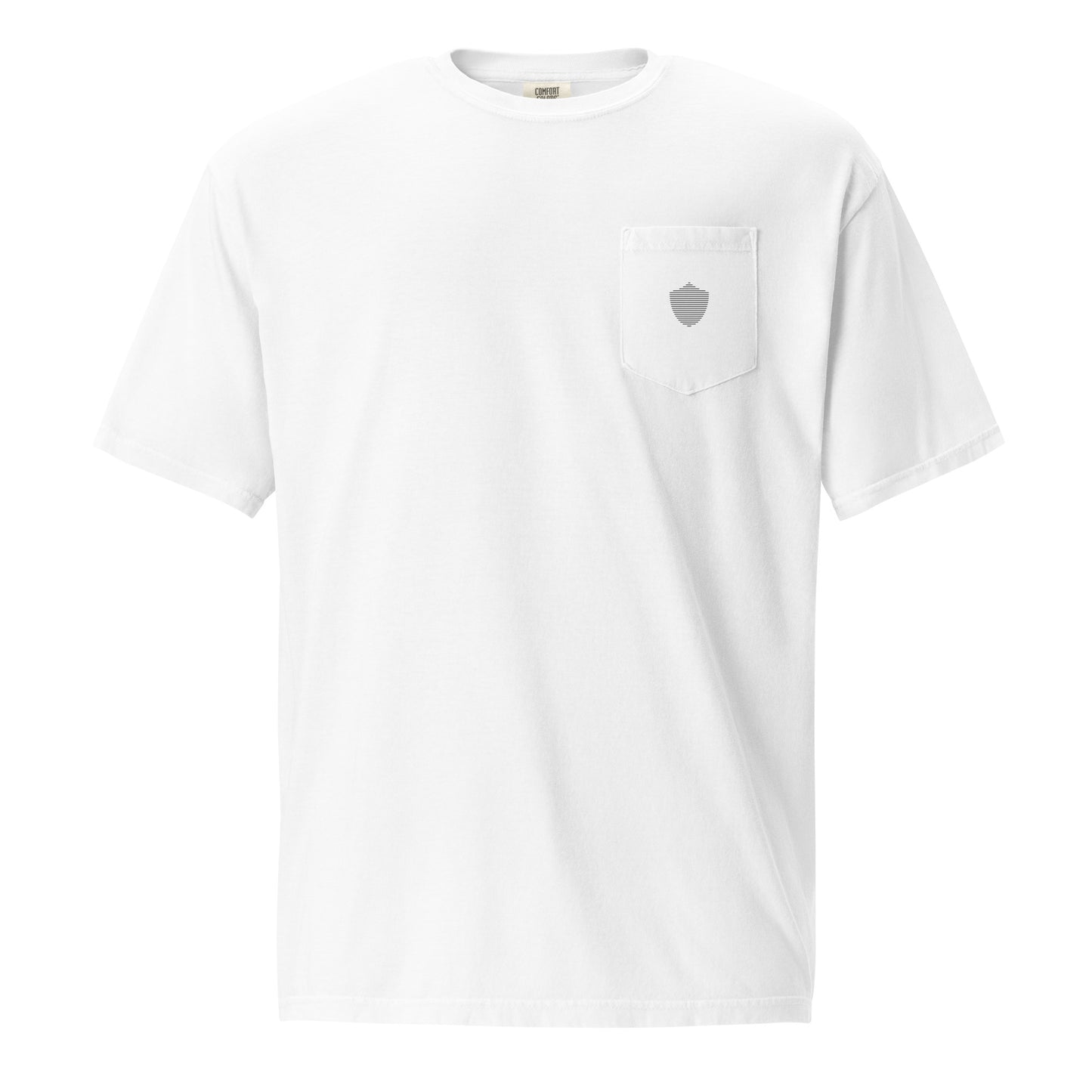 Men's front pocket tee, white. S+F signature shield logo design.