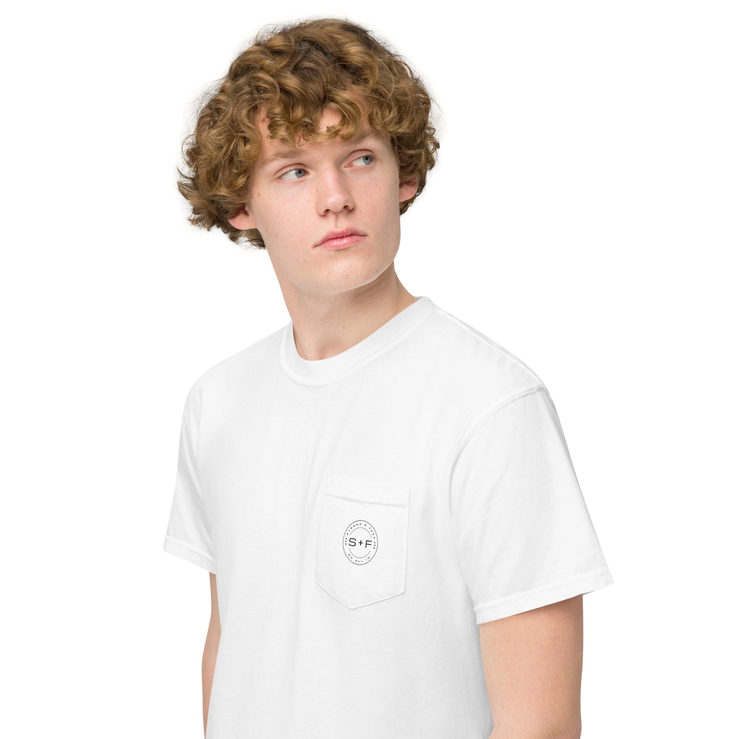 Men's Front Pocket T-shirt, Red/Blue/White/Yellow/Grey. S+F Black Circle Logo Design.