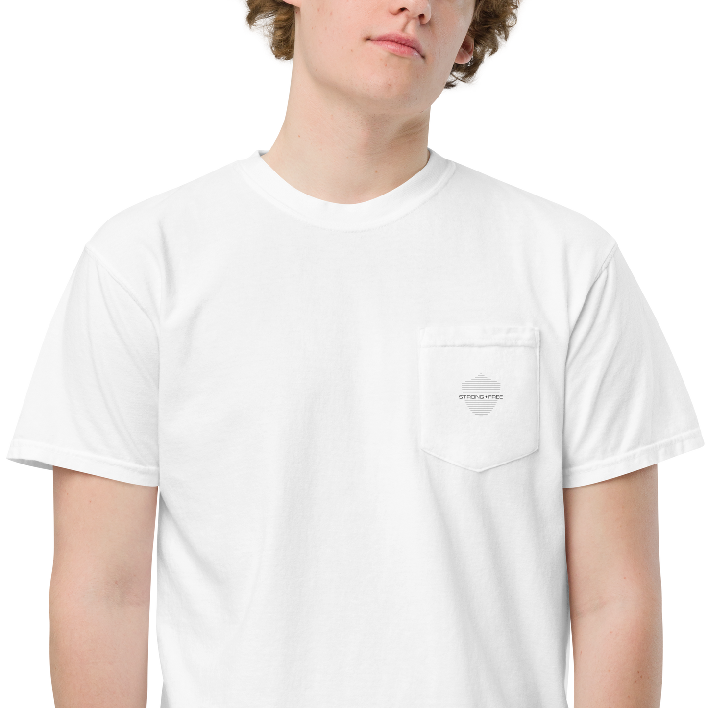 Men's Front Pocket T-Shirt, White. S+F Shield Logo Design.