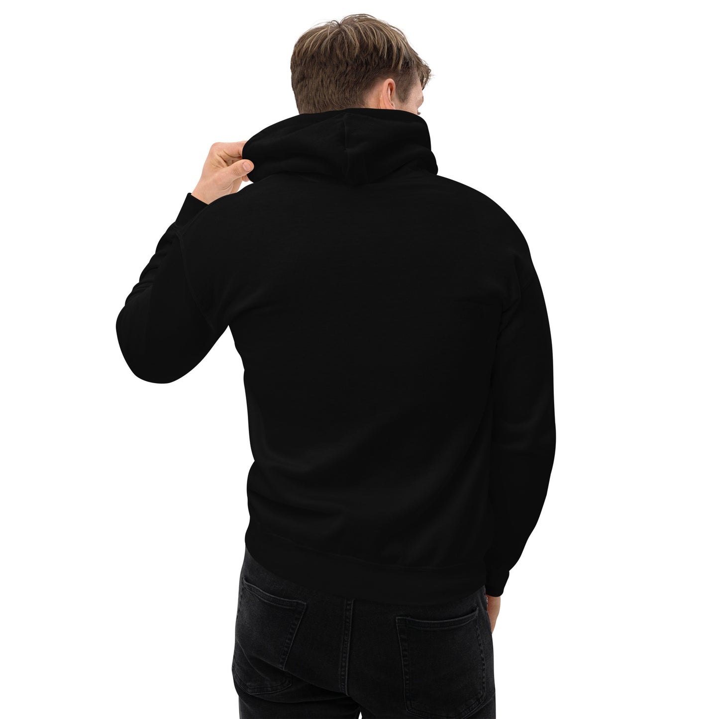 Men's Front Pouch Hoodie, Black/Navy. S+F White Circle Logo Design.