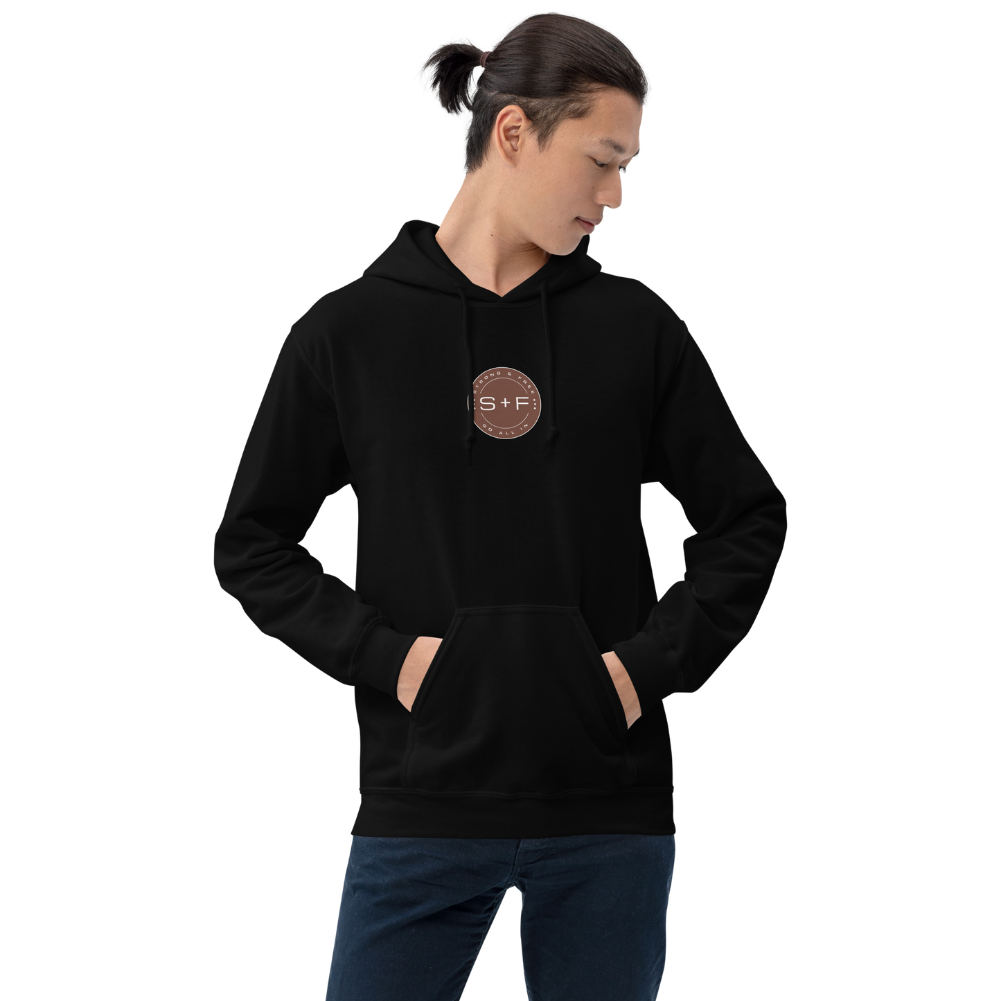 Men's Front Pouch Hoodie, Black/White/Green/Grey/Navy. S+F Reverse Brown Circle Logo Design.