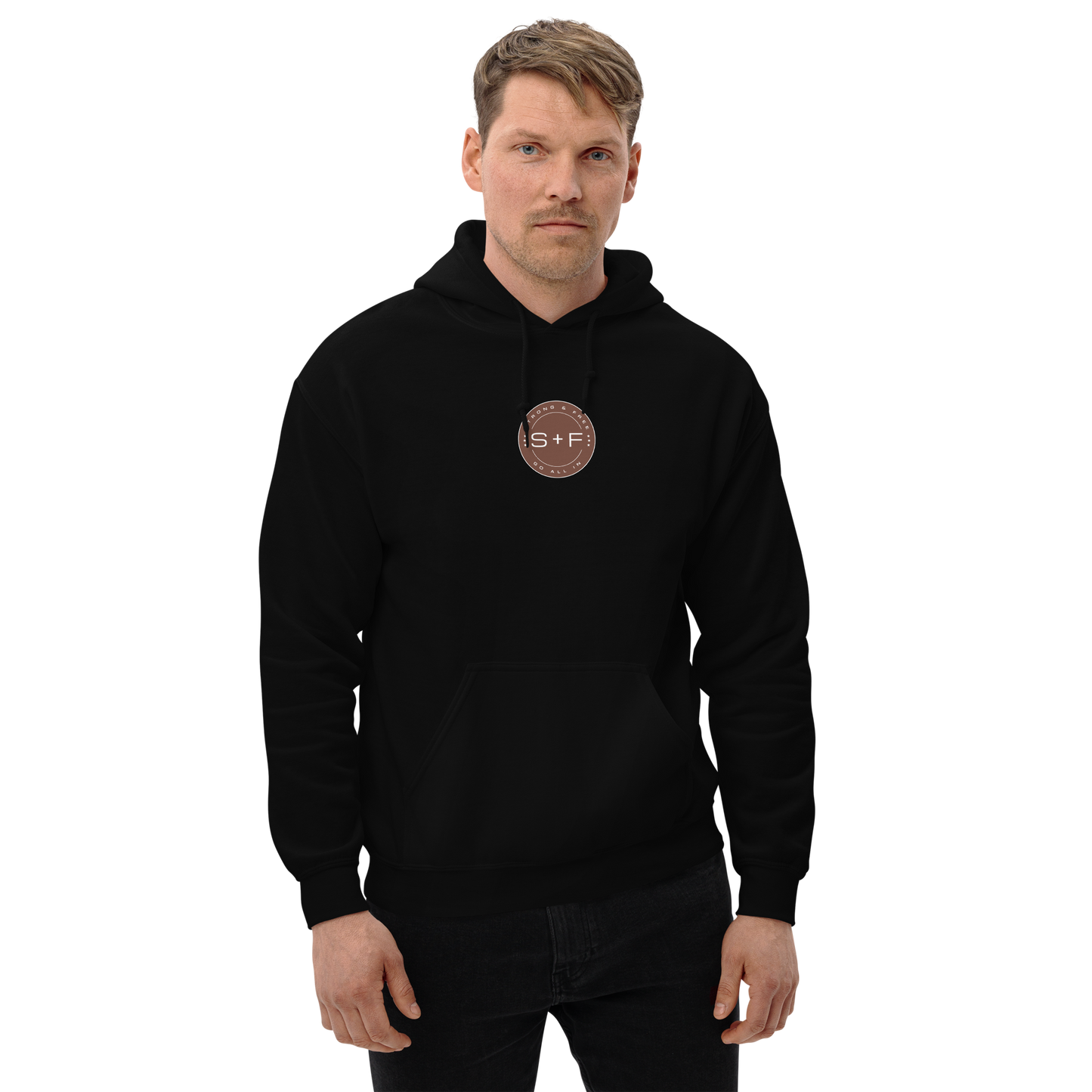 Men's Front Pouch Hoodie, Black/White/Green/Grey/Navy. S+F Reverse Brown Circle Logo Design.