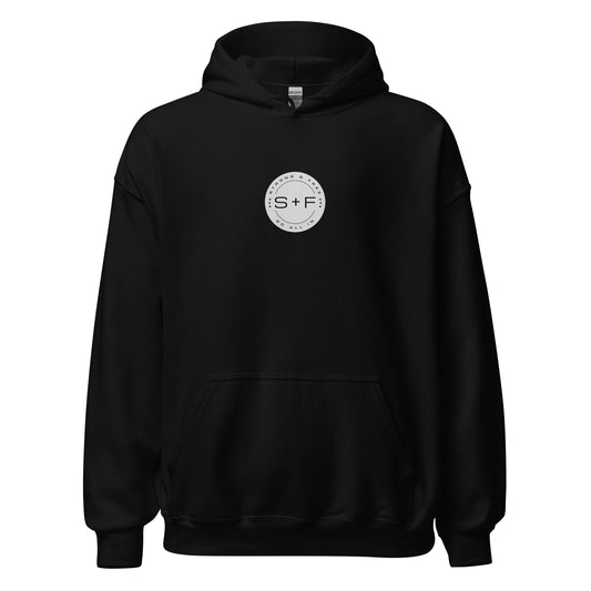 Men's Front Pouch Hoodie, Black/White/Green/Grey/Navy. S+F Reverse Brown Circle Logo Design.