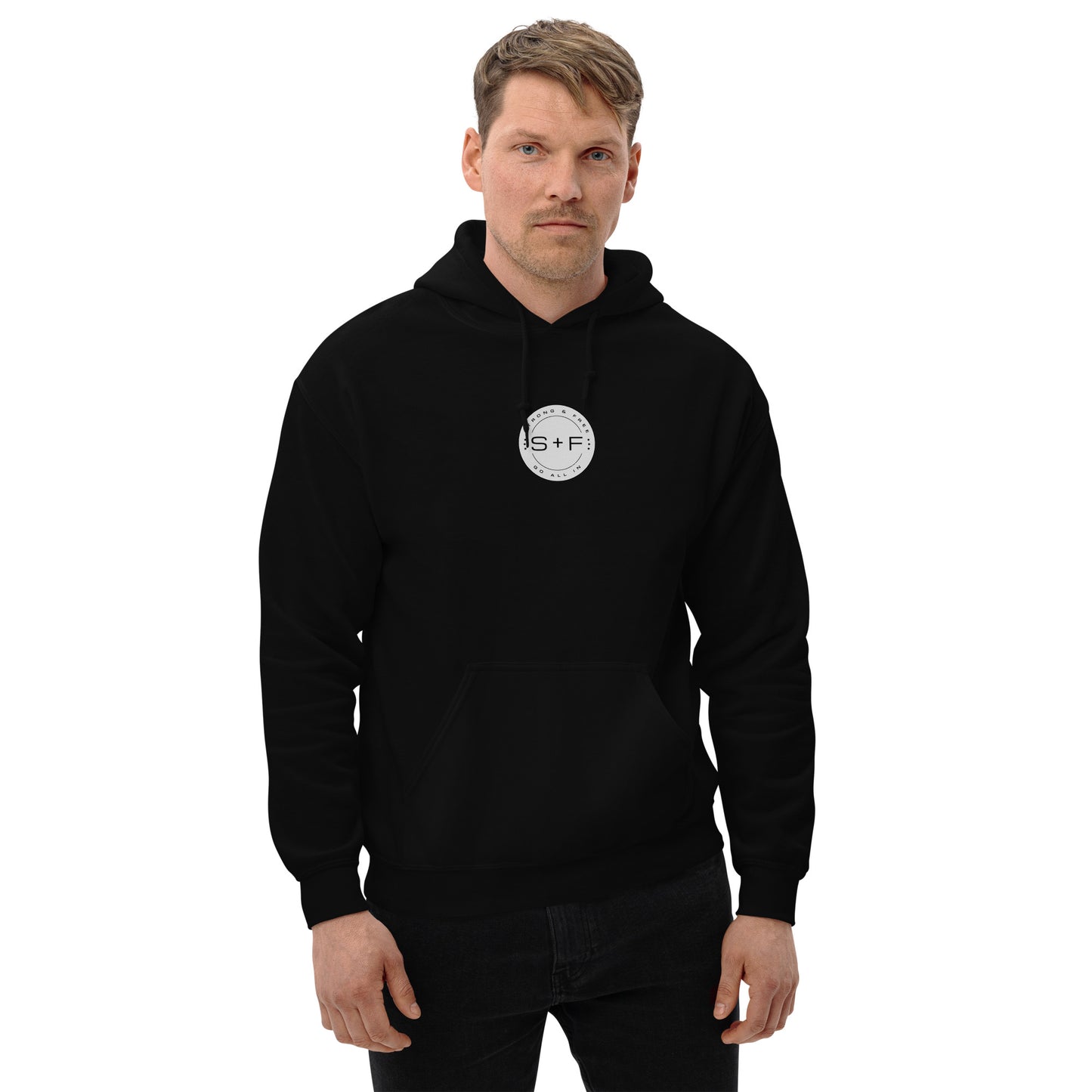 Men's Front Pouch Hoodie, Black/White/Green/Grey/Navy. S+F Reverse Brown Circle Logo Design.