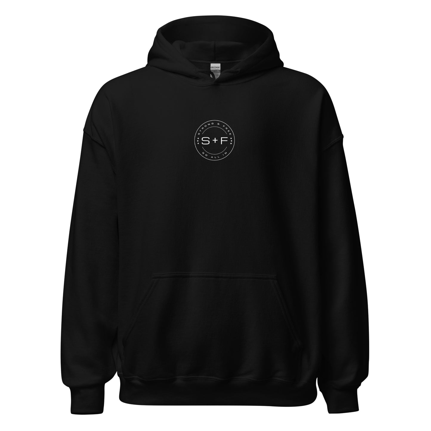 Men's Front Pouch Hoodie, Black/Navy. S+F White Circle Logo Design.