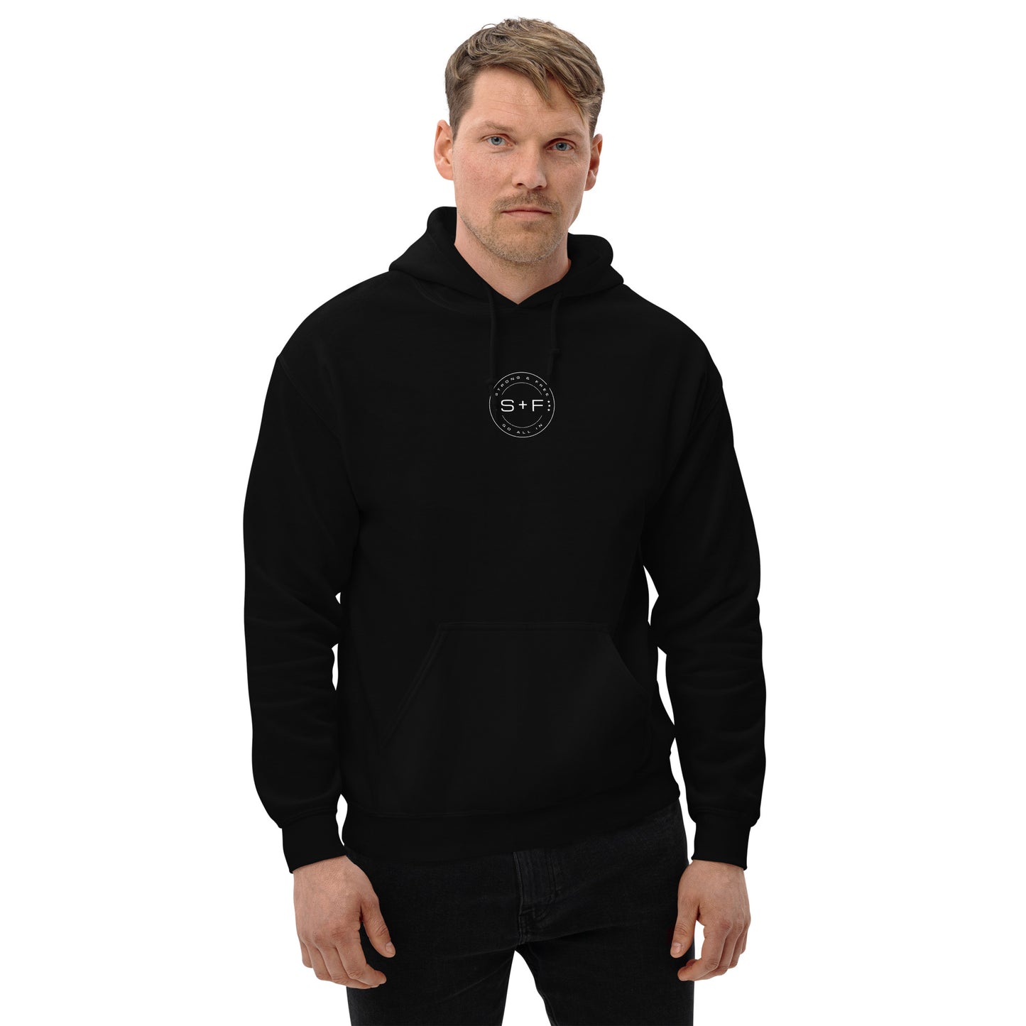 Men's Front Pouch Hoodie, Black/Navy. S+F White Circle Logo Design.