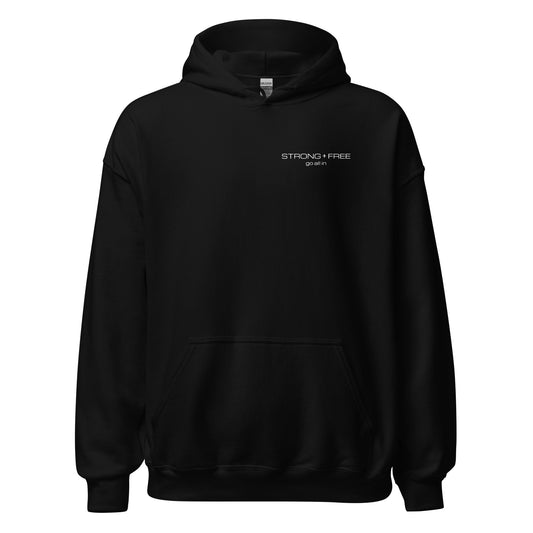 Men's Front Pouch Hoodie, Black/Navy. S+F White Font Logo Design.