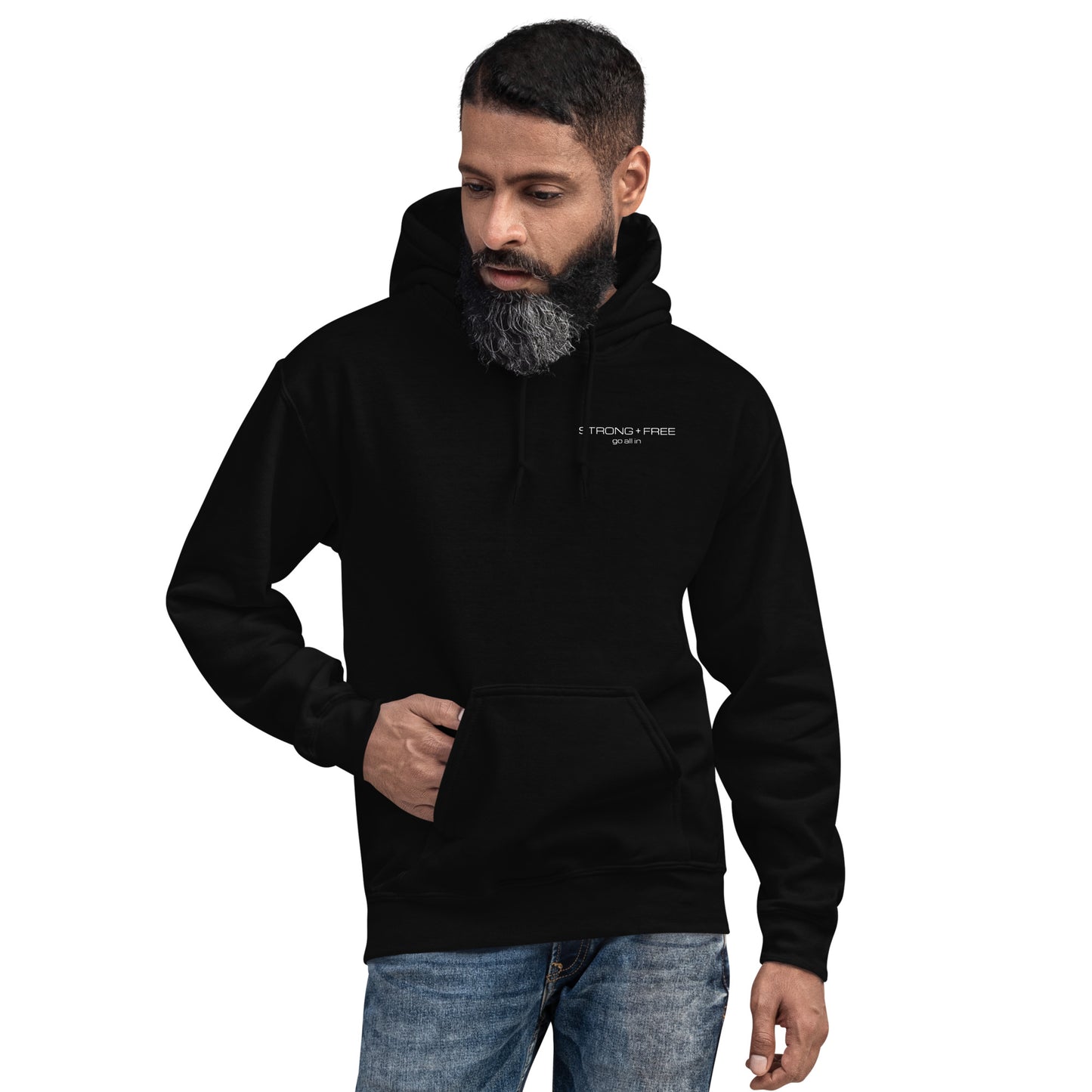 Men's Front Pouch Hoodie, Black/Navy. S+F White Font Logo Design.