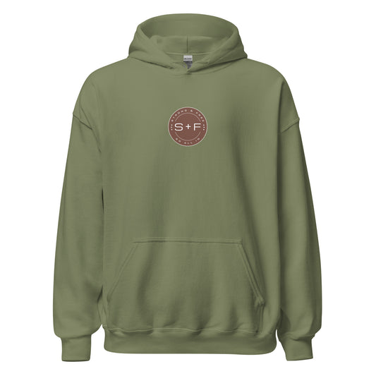 Men's Front Pouch Hoodie, Black/White/Green/Grey/Navy. S+F Reverse Brown Circle Logo Design.
