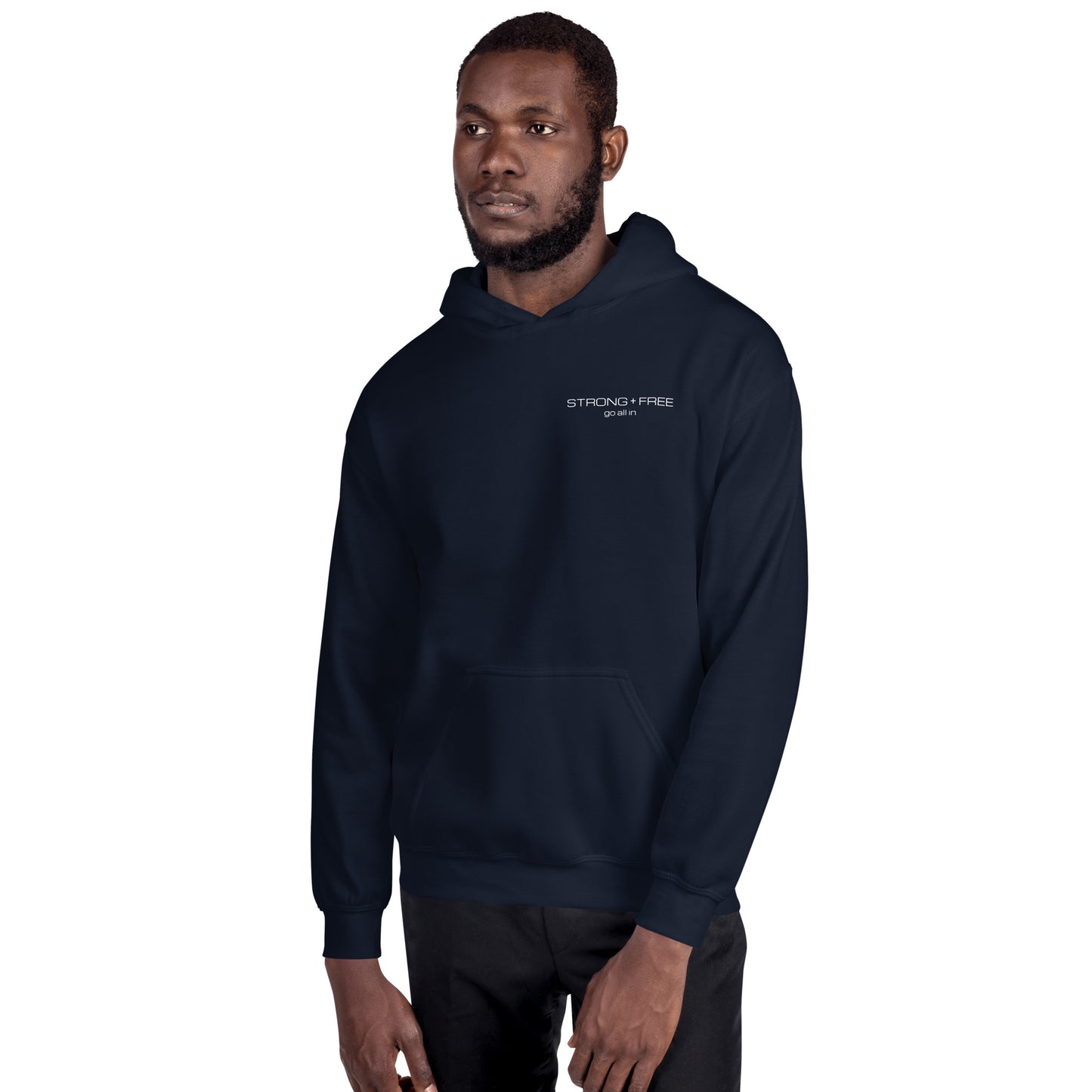 Men's Front Pouch Hoodie, Black/Navy. S+F White Font Logo Design.