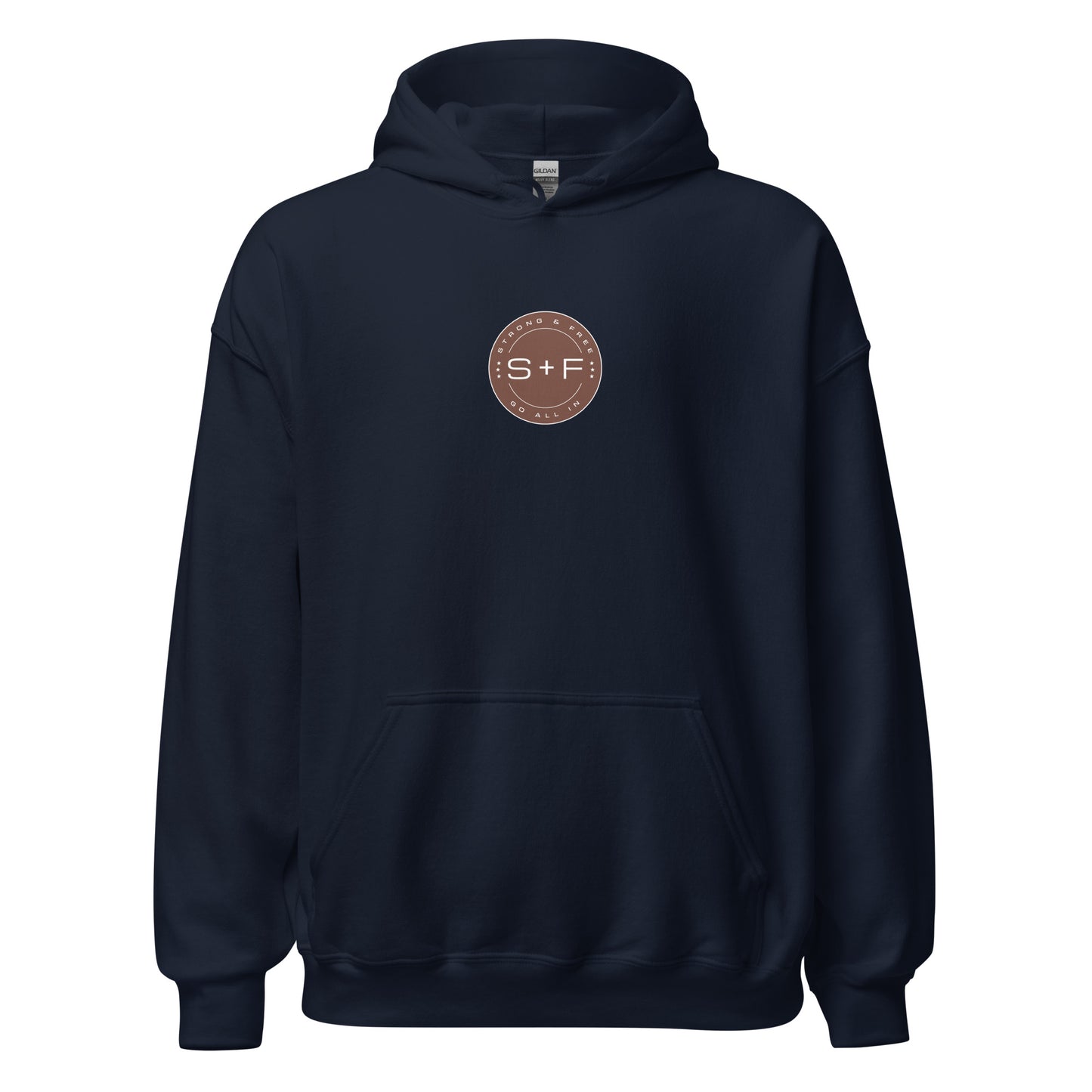 Men's Front Pouch Hoodie, Black/White/Green/Grey/Navy. S+F Reverse Brown Circle Logo Design.