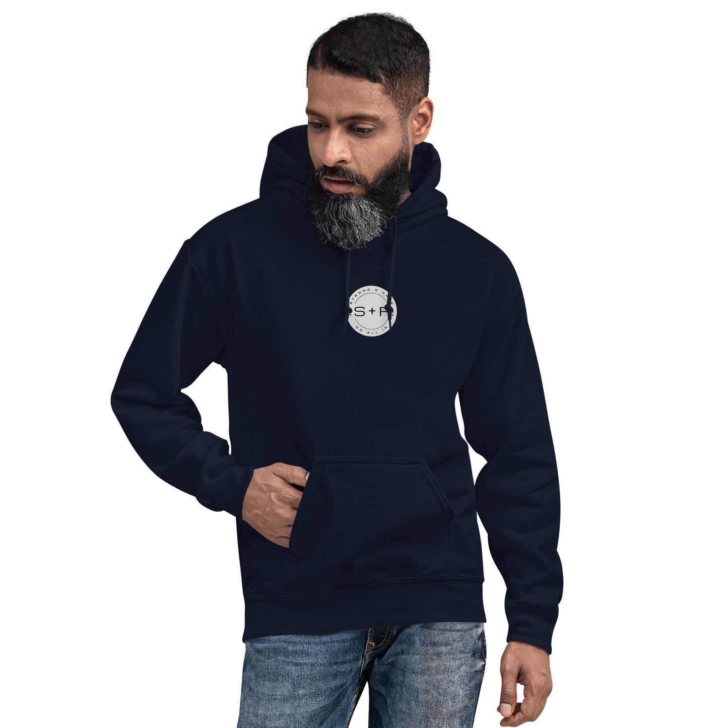 Men's Front Pouch Hoodie, Black/White/Green/Grey/Navy. S+F Reverse Brown Circle Logo Design.