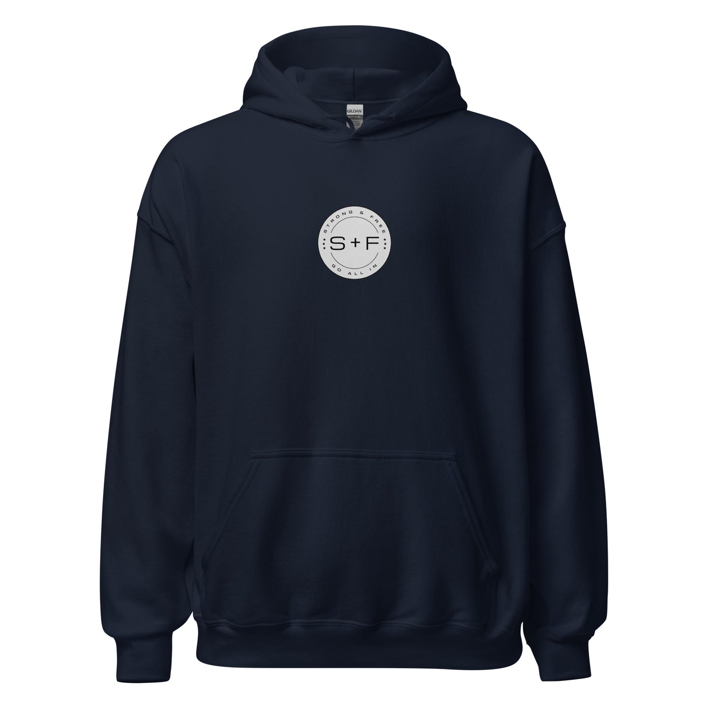 Men's Front Pouch Hoodie, Black/White/Green/Grey/Navy. S+F Reverse Brown Circle Logo Design.
