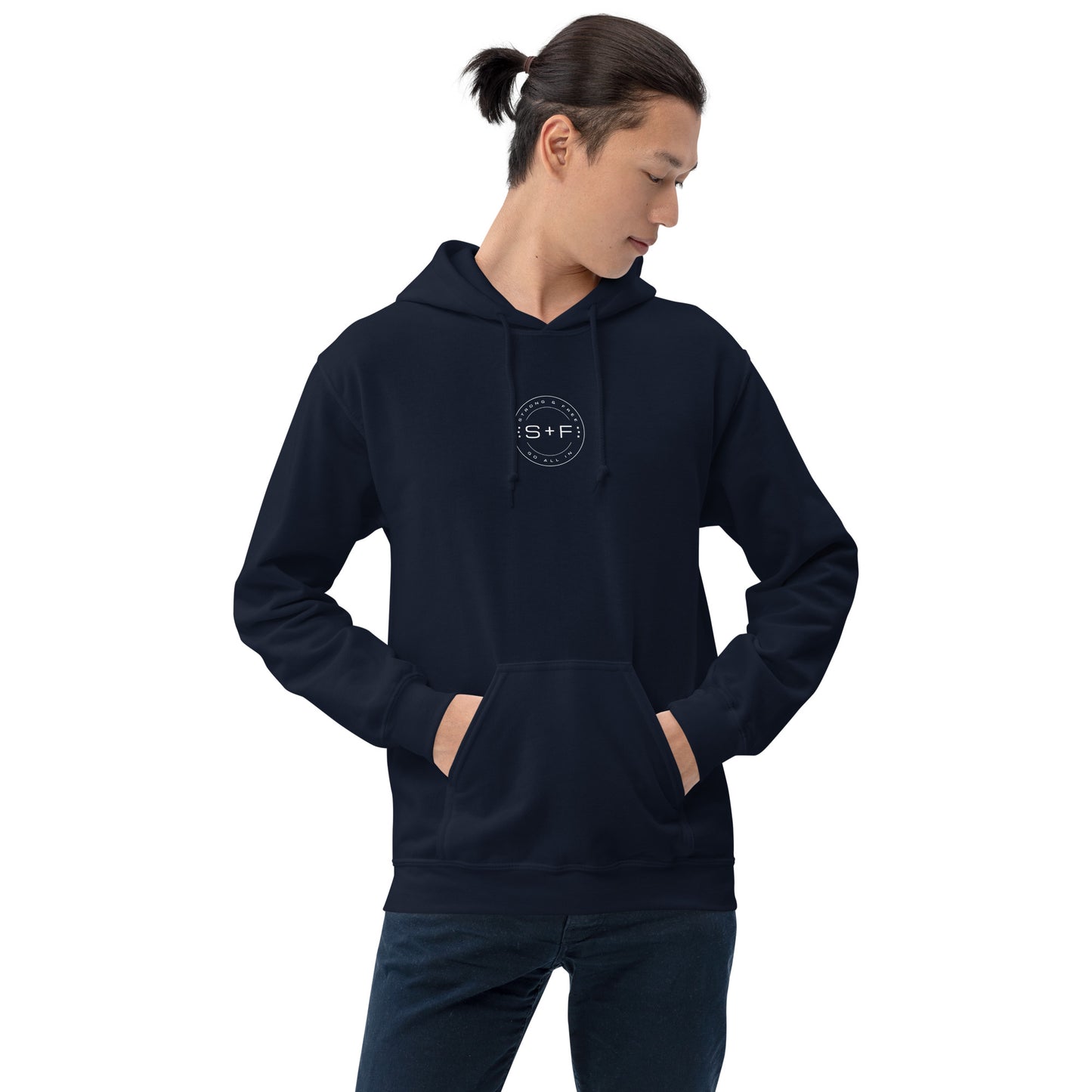 Men's Front Pouch Hoodie, Black/Navy. S+F White Circle Logo Design.