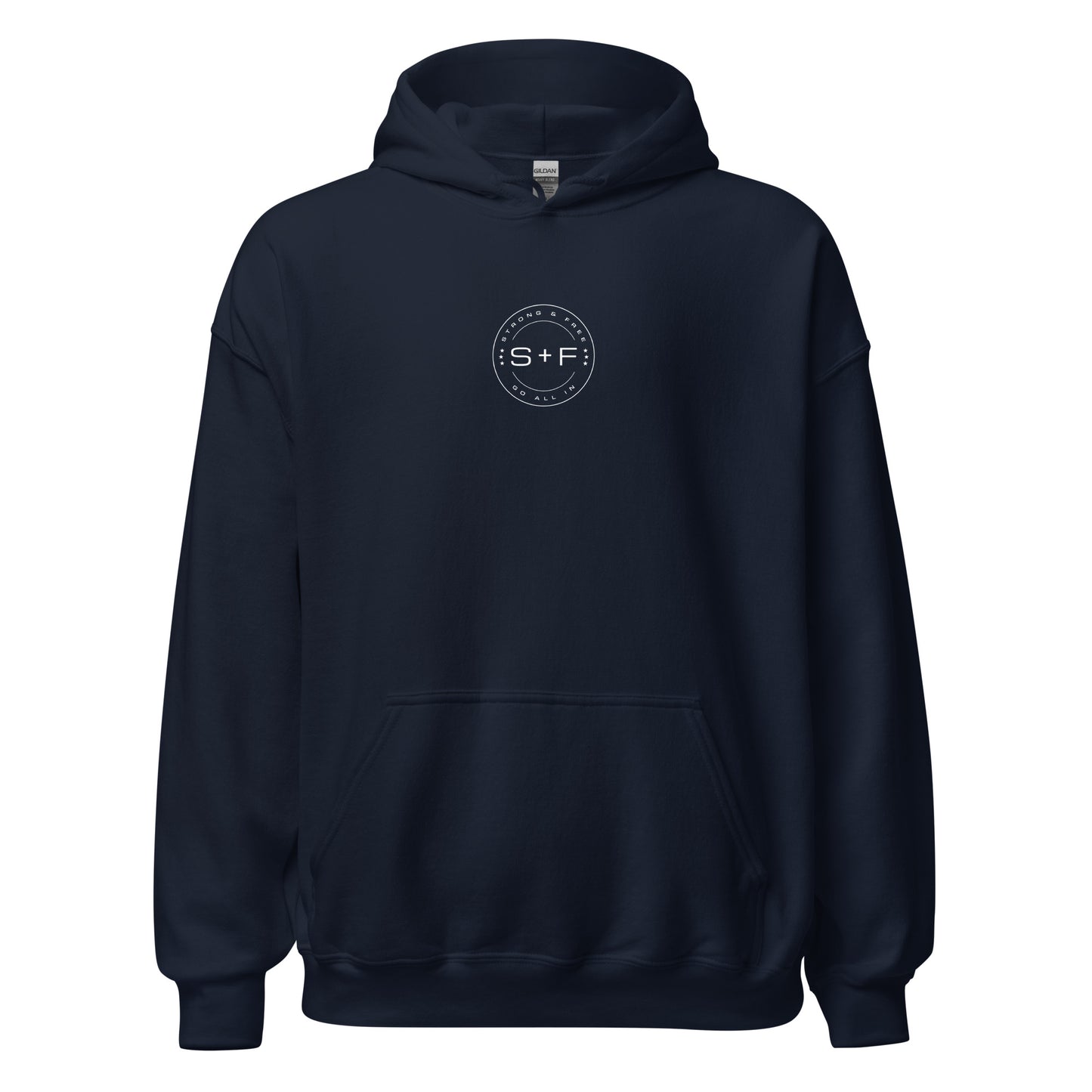 Men's Front Pouch Hoodie, Black/Navy. S+F White Circle Logo Design.
