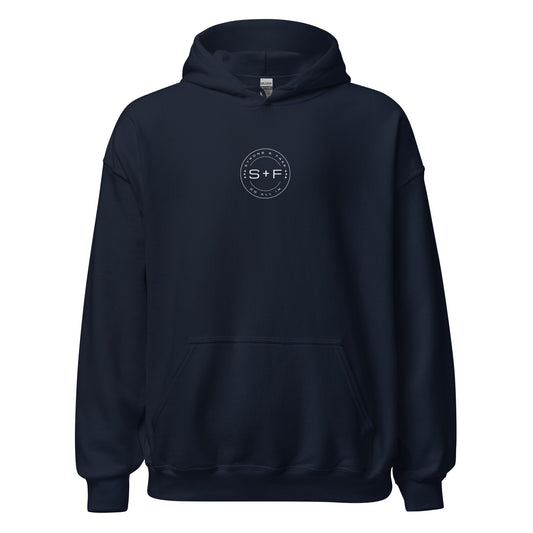 Men's Front Pouch Hoodie, Black/Navy. S+F White Circle Logo Design.