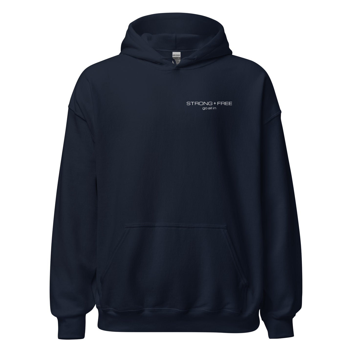 Men's Front Pouch Hoodie, Black/Navy. S+F White Font Logo Design.