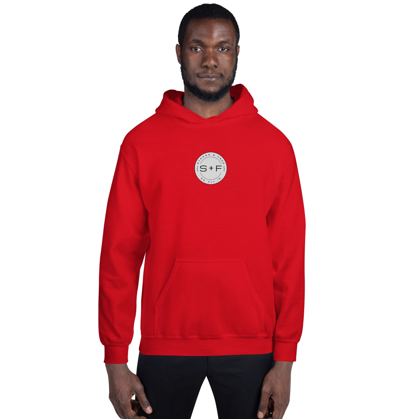 Men's Front Pouch Hoodie, Black/White/Green/Grey/Navy. S+F Reverse Brown Circle Logo Design.