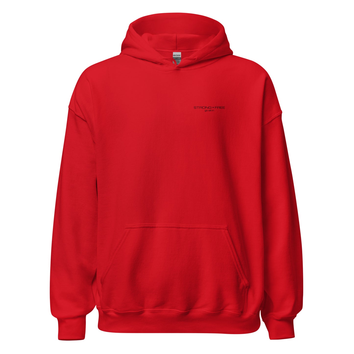Men's Front Pouch Hoodie, White/Red/Blue/Grey. S+F Black Font Logo Design.