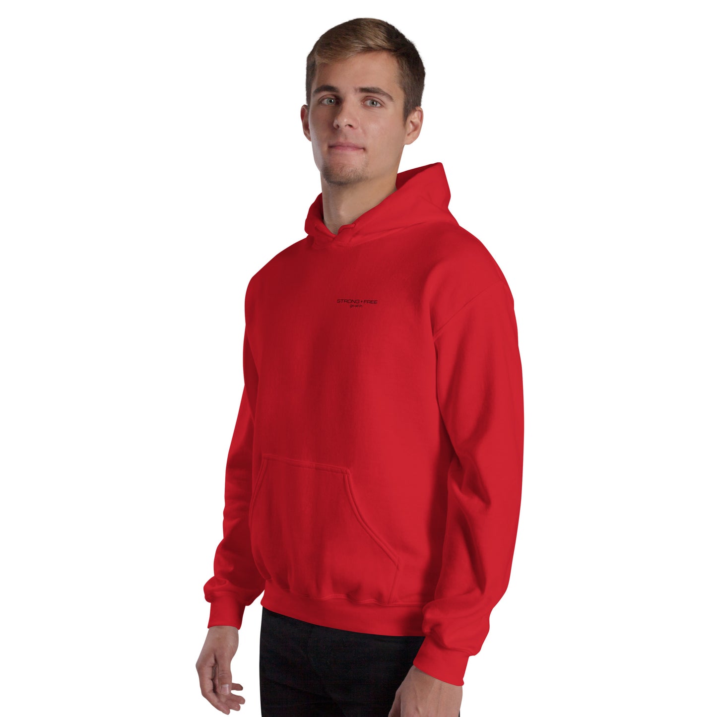 Men's Front Pouch Hoodie, White/Red/Blue/Grey. S+F Black Font Logo Design.
