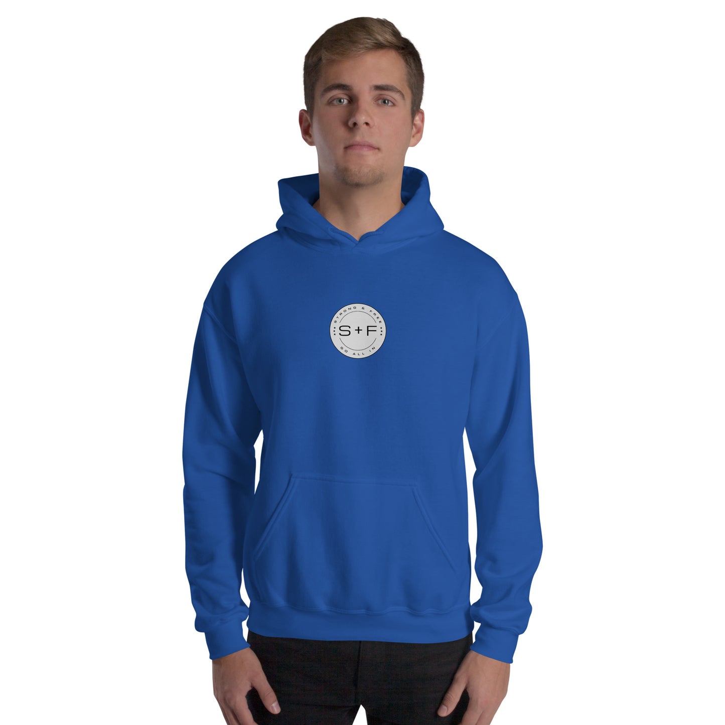 Men's Front Pouch Hoodie, Black/White/Green/Grey/Navy. S+F Reverse Brown Circle Logo Design.