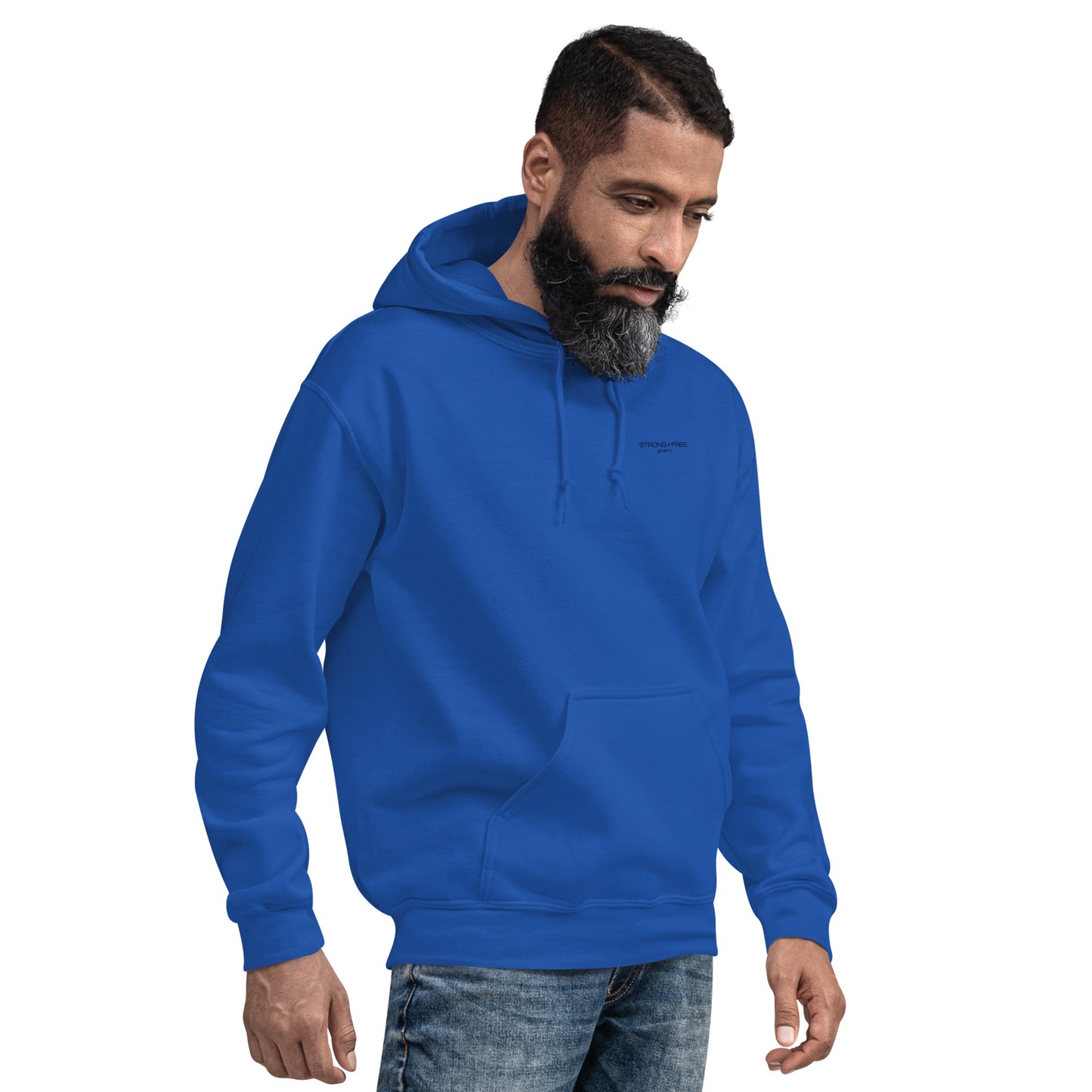 Men's Front Pouch Hoodie, White/Red/Blue/Grey. S+F Black Font Logo Design.