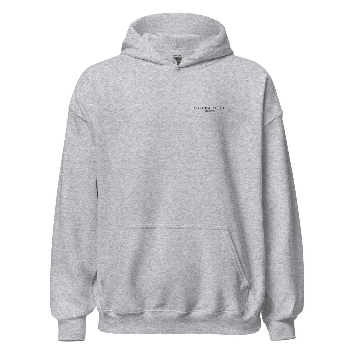 Men's Front Pouch Hoodie, White/Red/Blue/Grey. S+F Black Font Logo Design.
