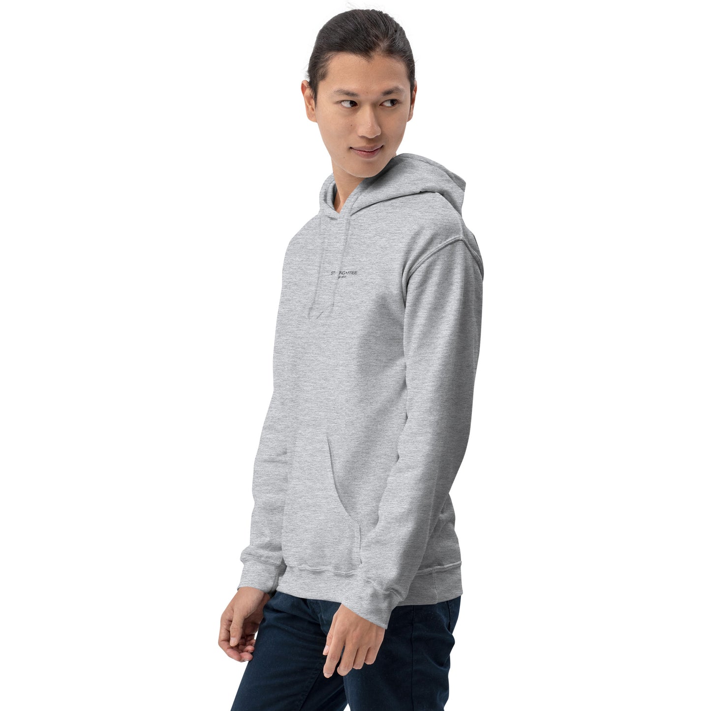 Men's Front Pouch Hoodie, White/Red/Blue/Grey. S+F Black Font Logo Design.