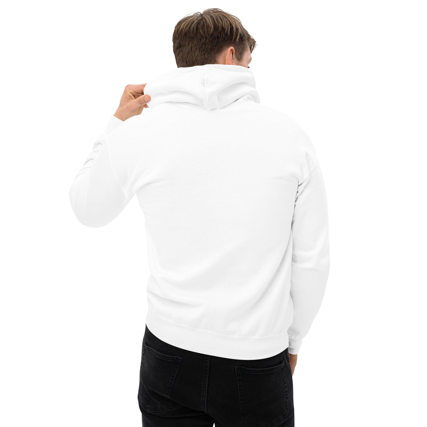 Men's Front Pouch Hoodie, White. S+F Shield I Logo Design.