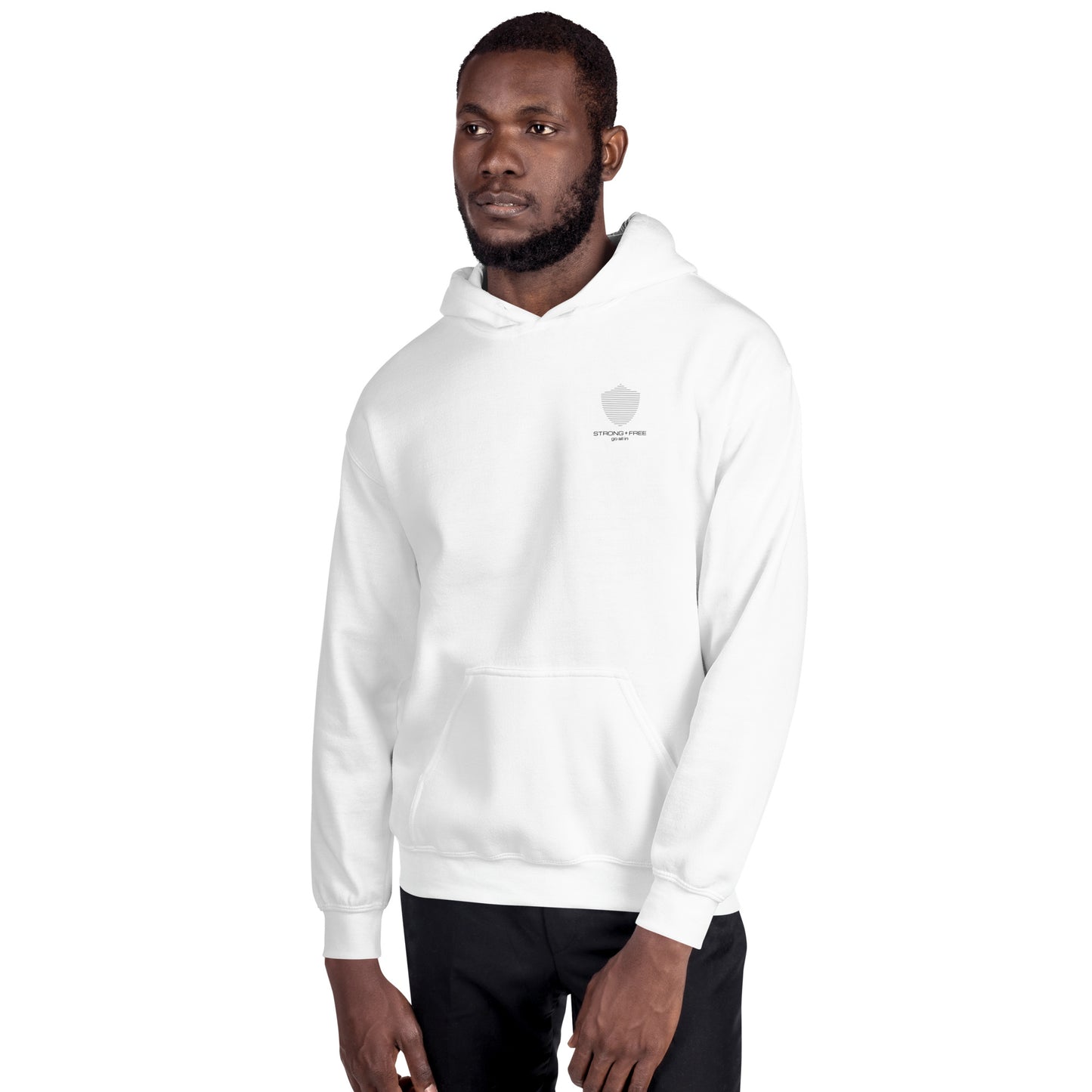 Men's Front Pouch Hoodie, White. S+F Shield I Logo Design.