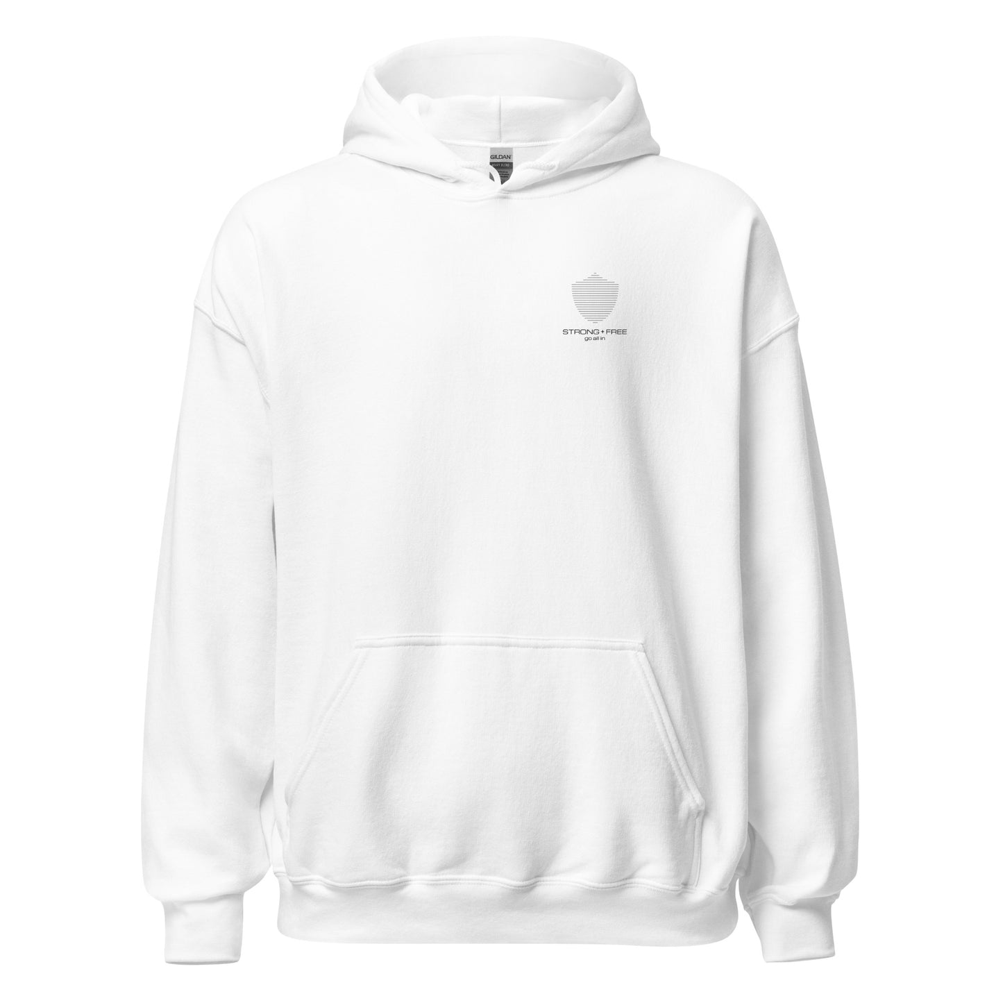 Men's Front Pouch Hoodie, White. S+F Shield I Logo Design.