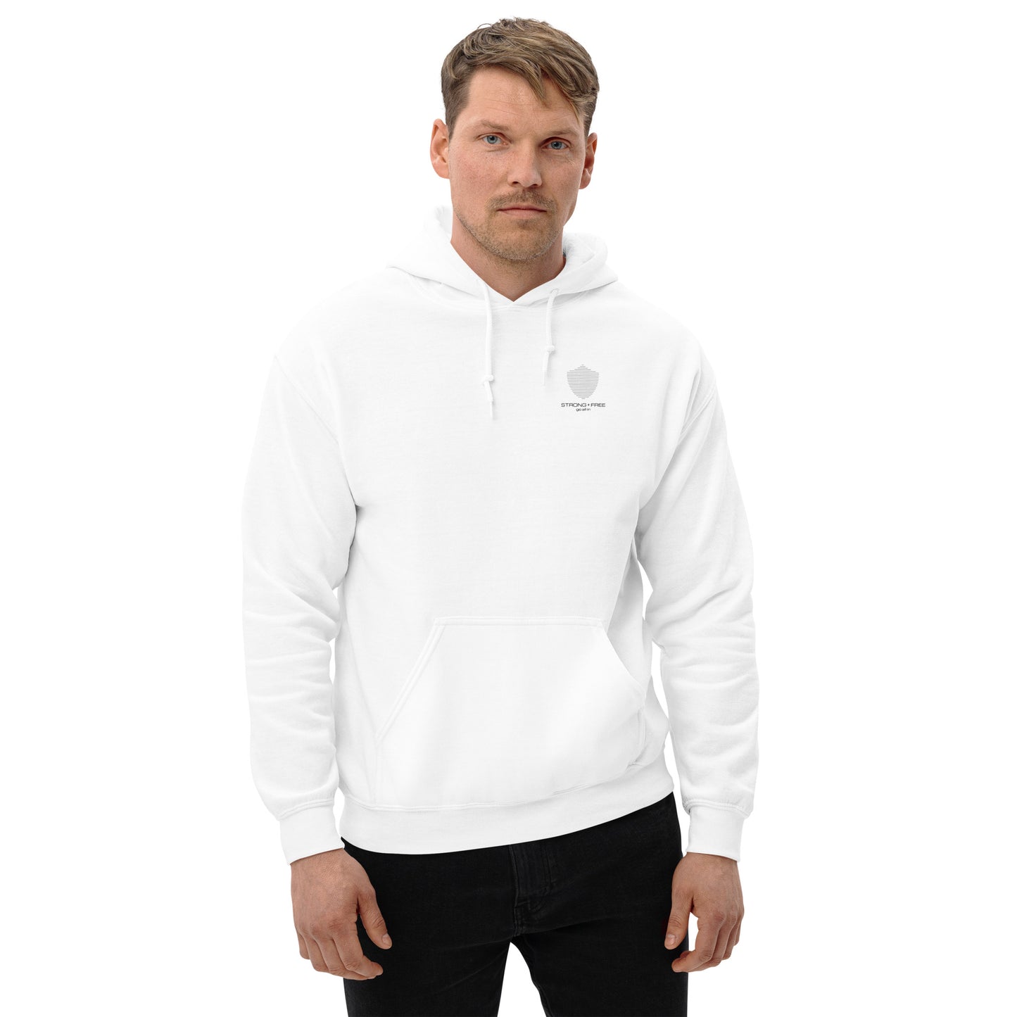 Men's Front Pouch Hoodie, White. S+F Shield I Logo Design.