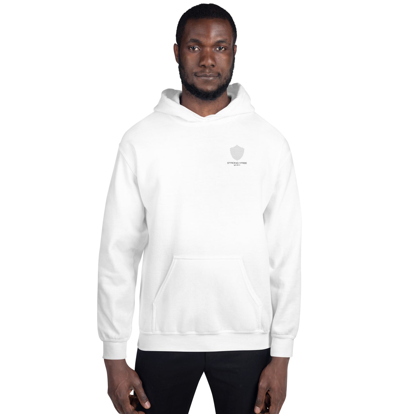 Men's Front Pouch Hoodie, White. S+F Shield I Logo Design.