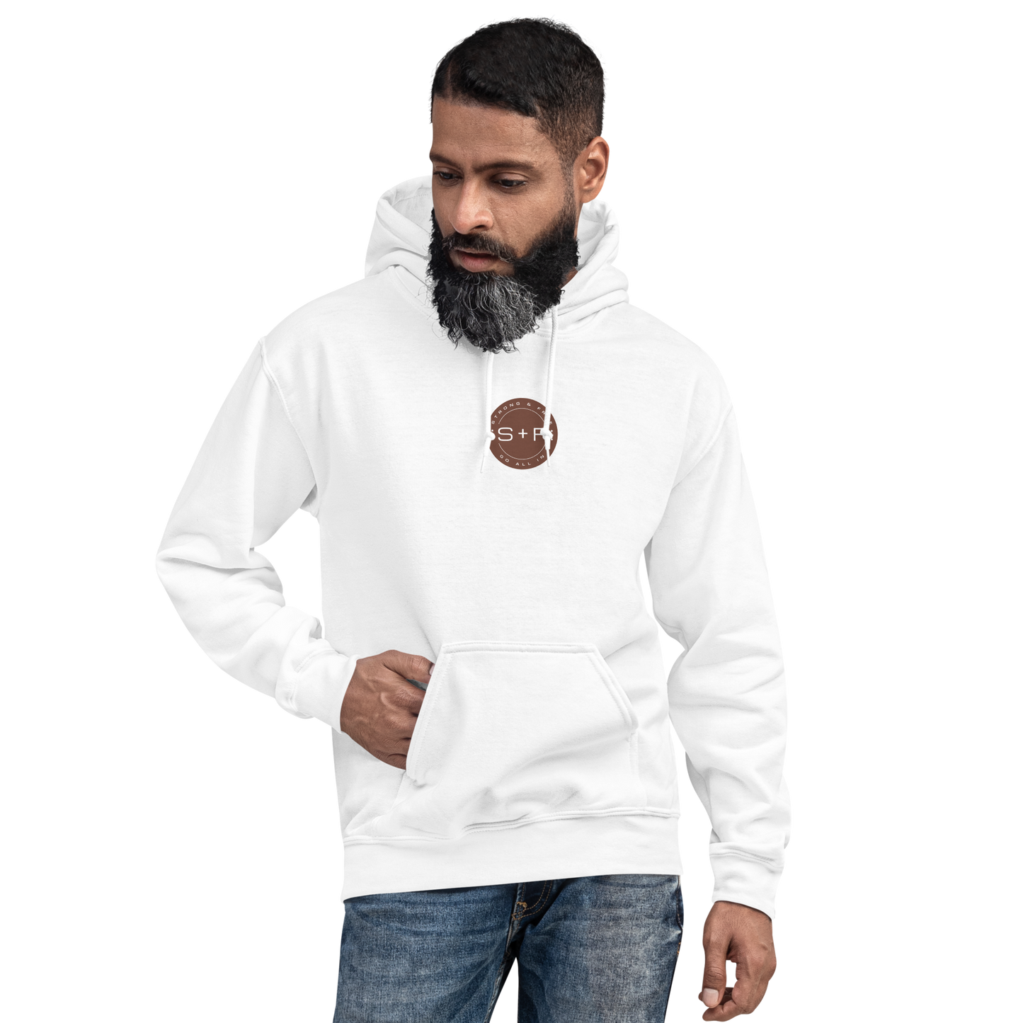 Men's Front Pouch Hoodie, Black/White/Green/Grey/Navy. S+F Reverse Brown Circle Logo Design.
