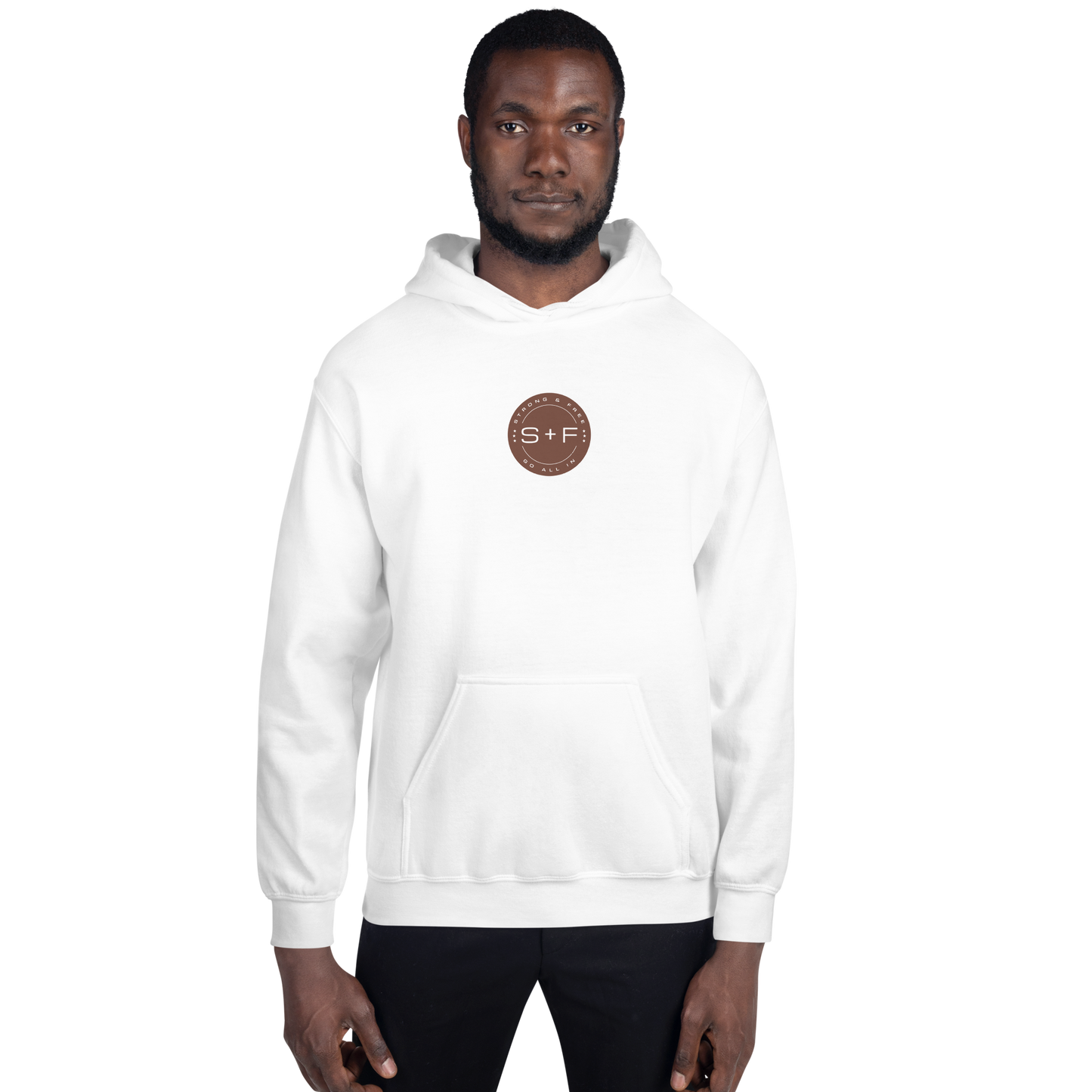 Men's Front Pouch Hoodie, Black/White/Green/Grey/Navy. S+F Reverse Brown Circle Logo Design.