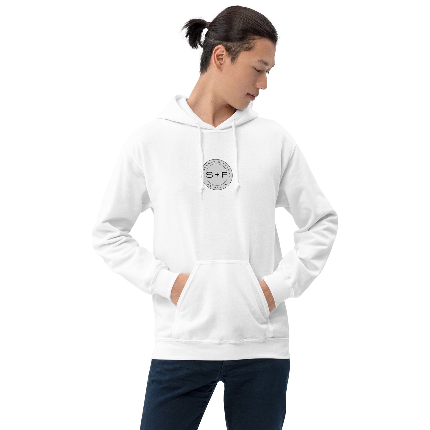 Men's Front Pouch Hoodie, Black/White/Green/Grey/Navy. S+F Reverse Brown Circle Logo Design.