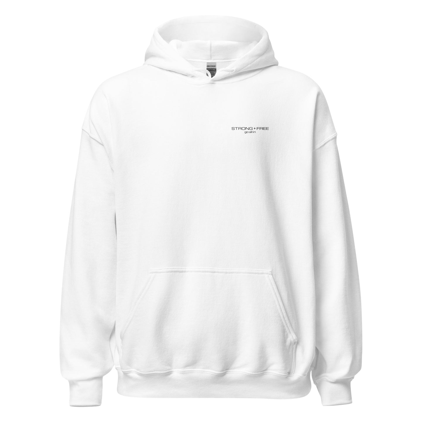 Men's Front Pouch Hoodie, White/Red/Blue/Grey. S+F Black Font Logo Design.