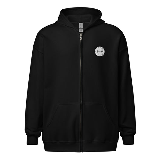 Men's Full Zip Hoodie, Black/Blue/Grey/White. S+F Reverse Grey Circle Logo Design.