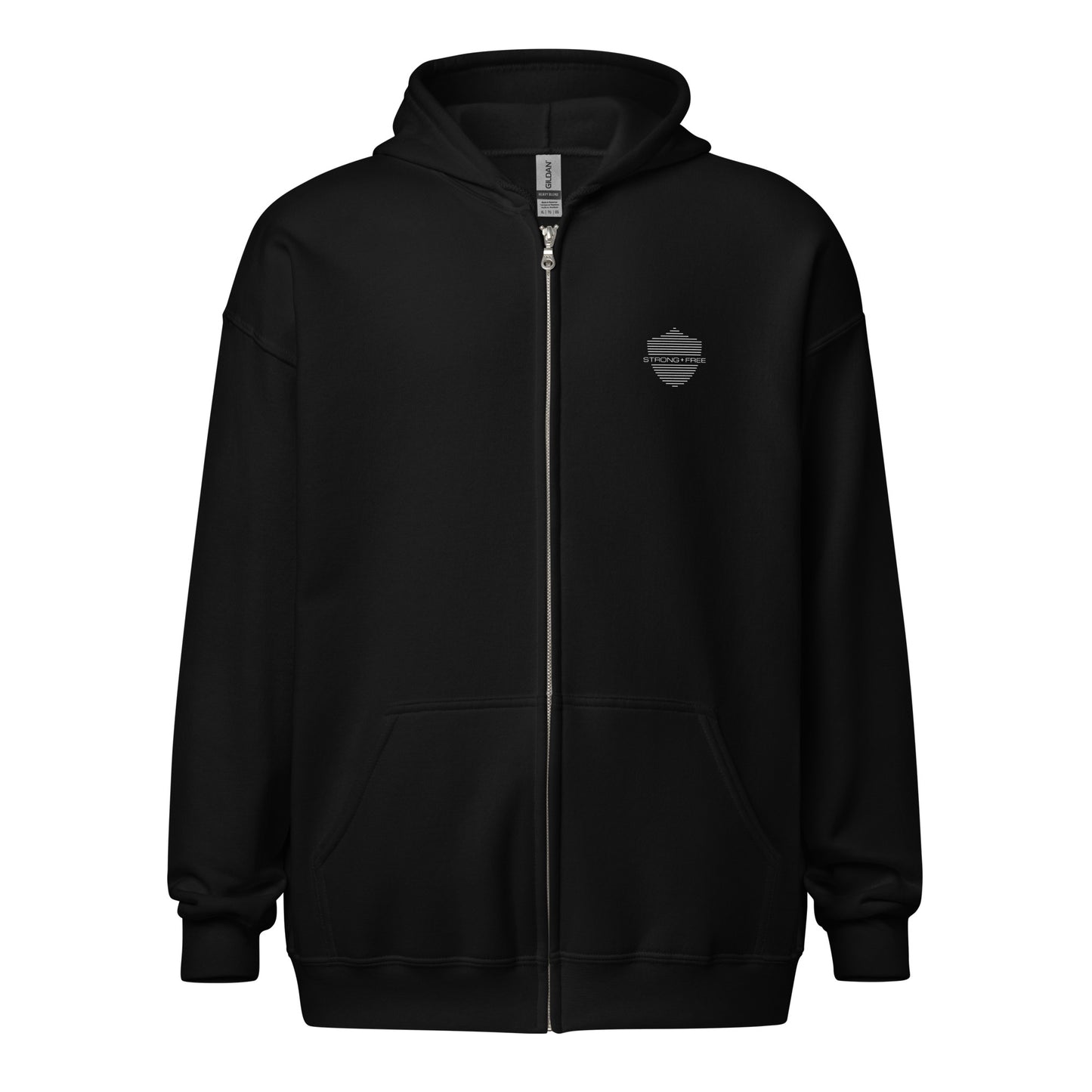 Men's Full Zip Hoodie, Black/Navy. S+F Shield Logo Design.