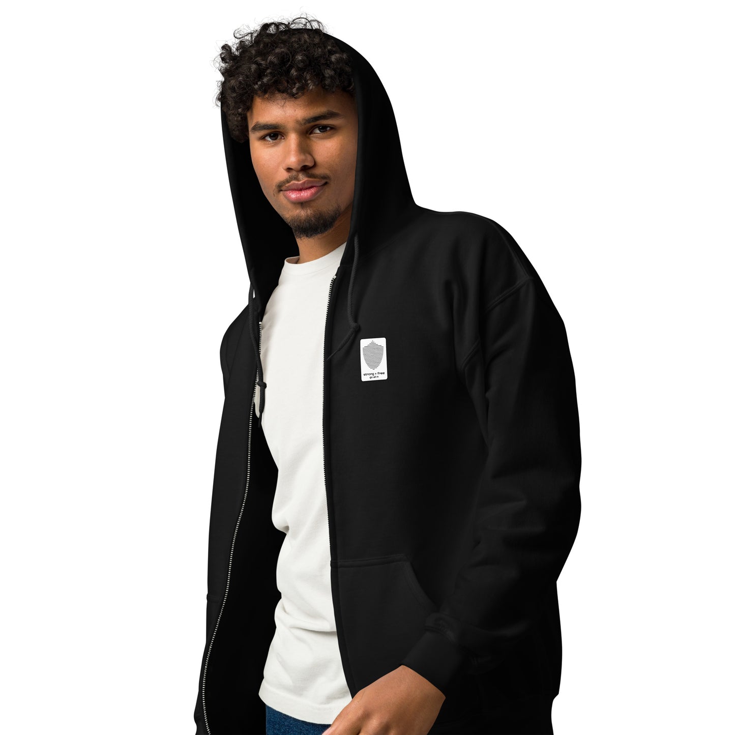 Men's Full Zip Hoodie, Black/Blue/Grey/White. S+F Reverse Shield Logo Design.