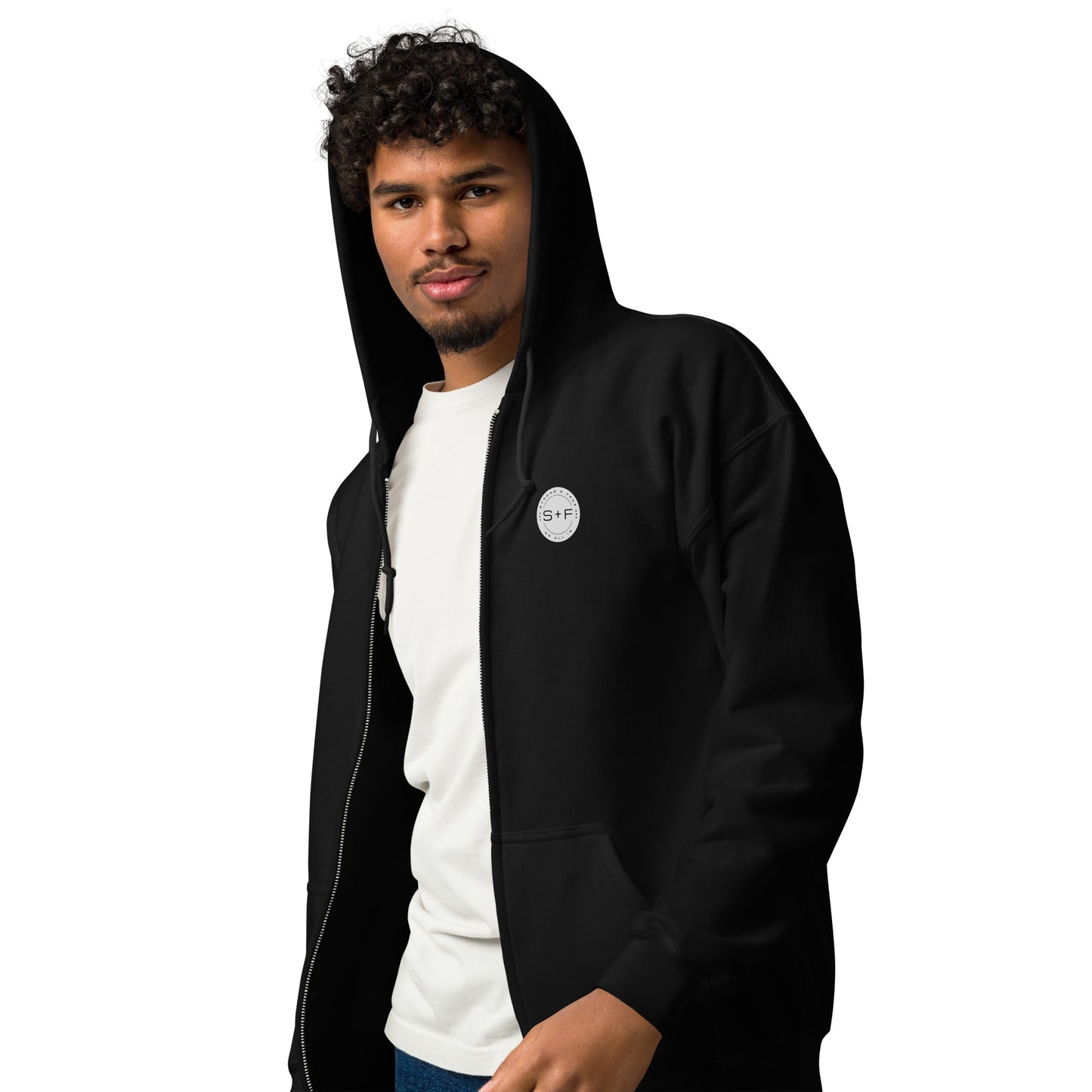 Men's Full Zip Hoodie, Black/Blue/Grey/White. S+F Reverse Grey Circle Logo Design.