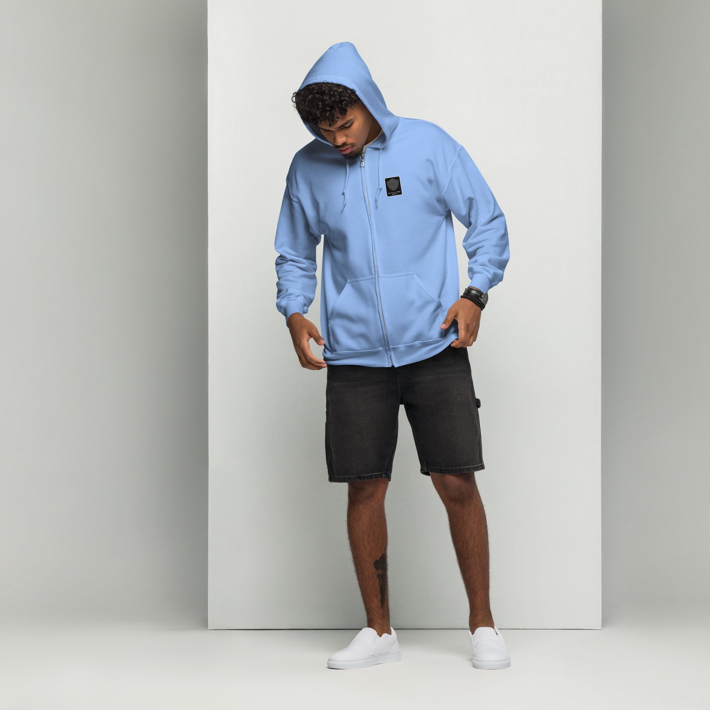 Men's Full Zip Hoodie, Black/Blue/Grey/White. S+F Reverse Shield Logo Design.