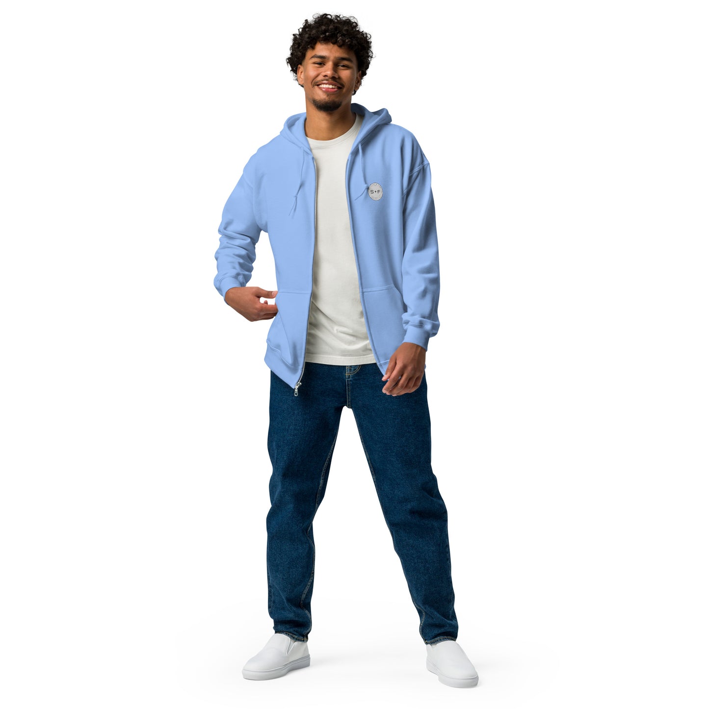 Men's Full Zip Hoodie, Black/Blue/Grey/White. S+F Reverse Grey Circle Logo Design.