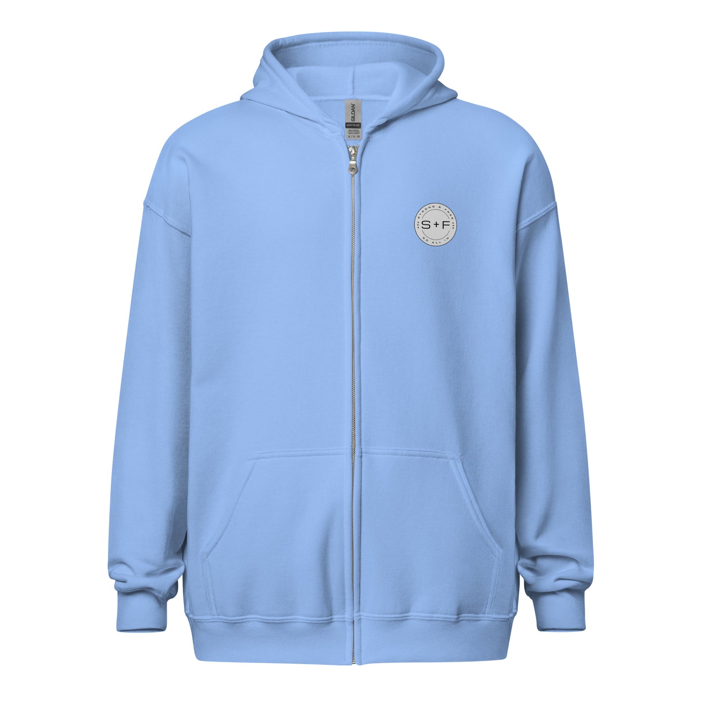 Men's Full Zip Hoodie, Black/Blue/Grey/White. S+F Reverse Grey Circle Logo Design.