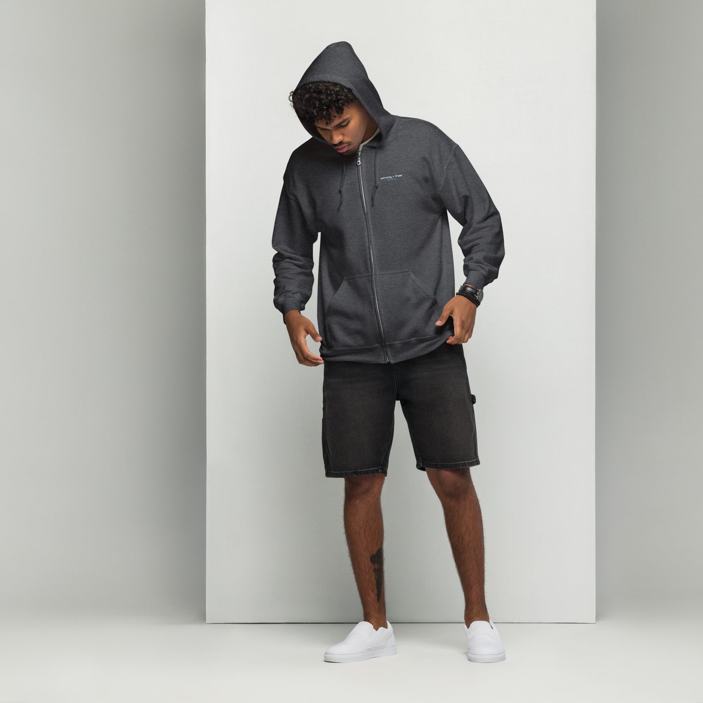 Men's Full Zip Hoodie, Black/Navy/Grey. S+F LC Typefont Design Logo.