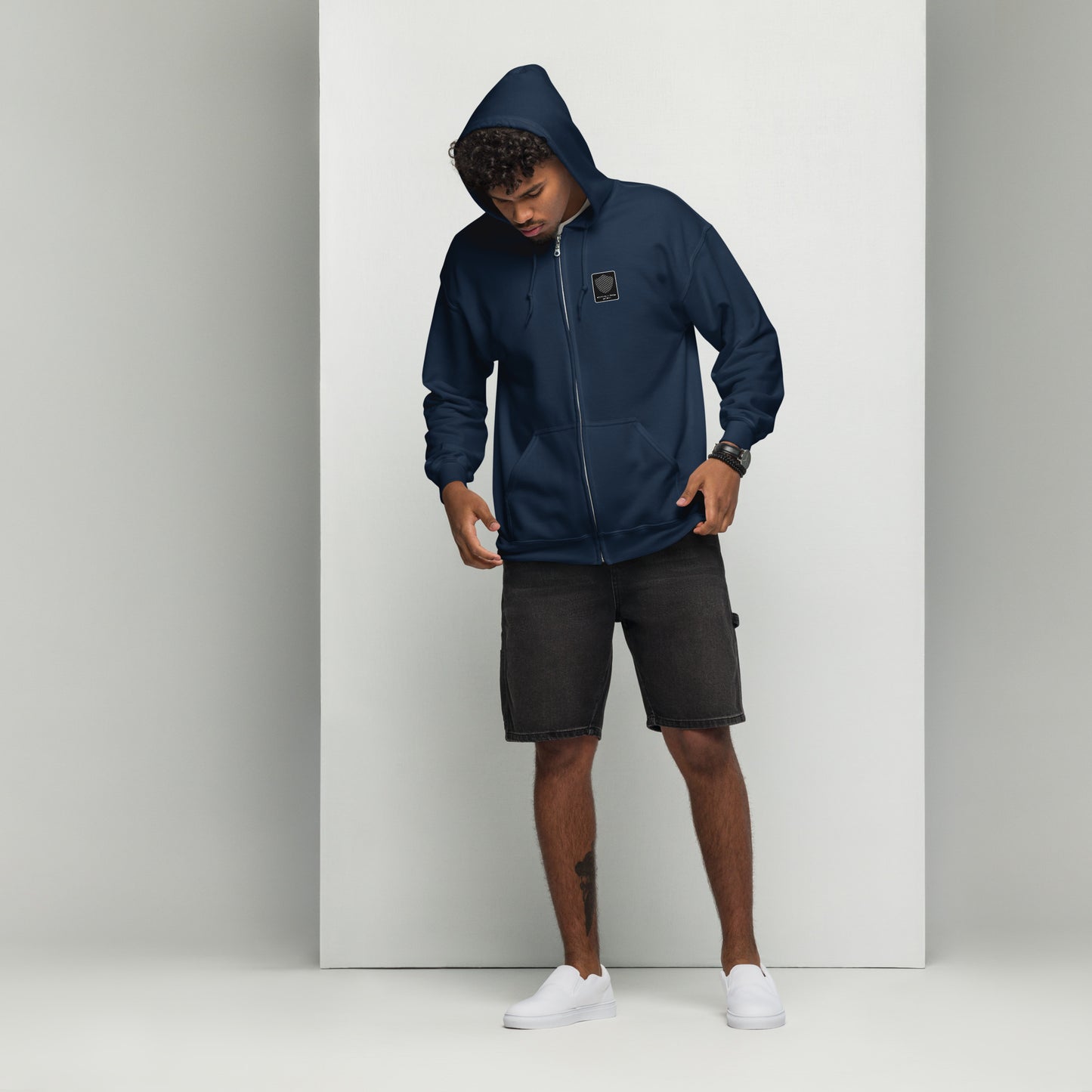 Men's Full Zip Hoodie, Black/Blue/Grey/White. S+F Reverse Shield Logo Design.