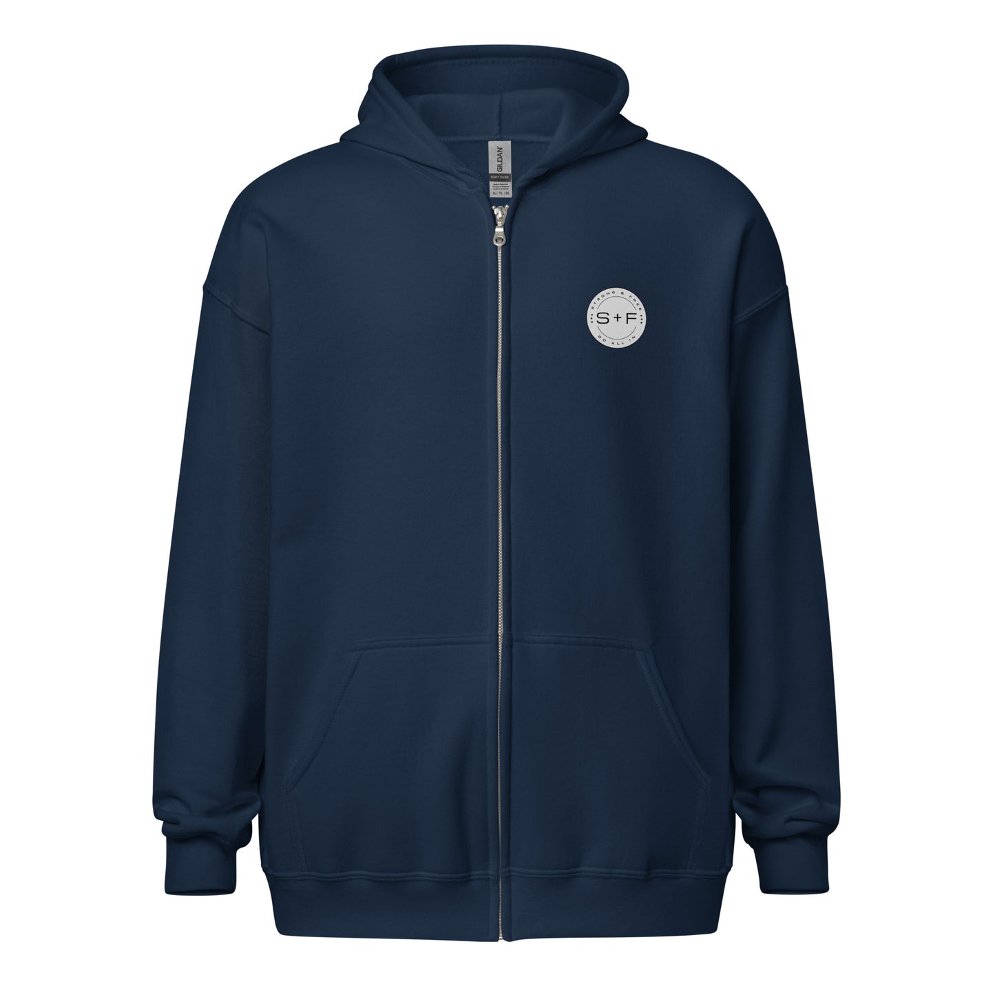 Men's Full Zip Hoodie, Black/Blue/Grey/White. S+F Reverse Grey Circle Logo Design.