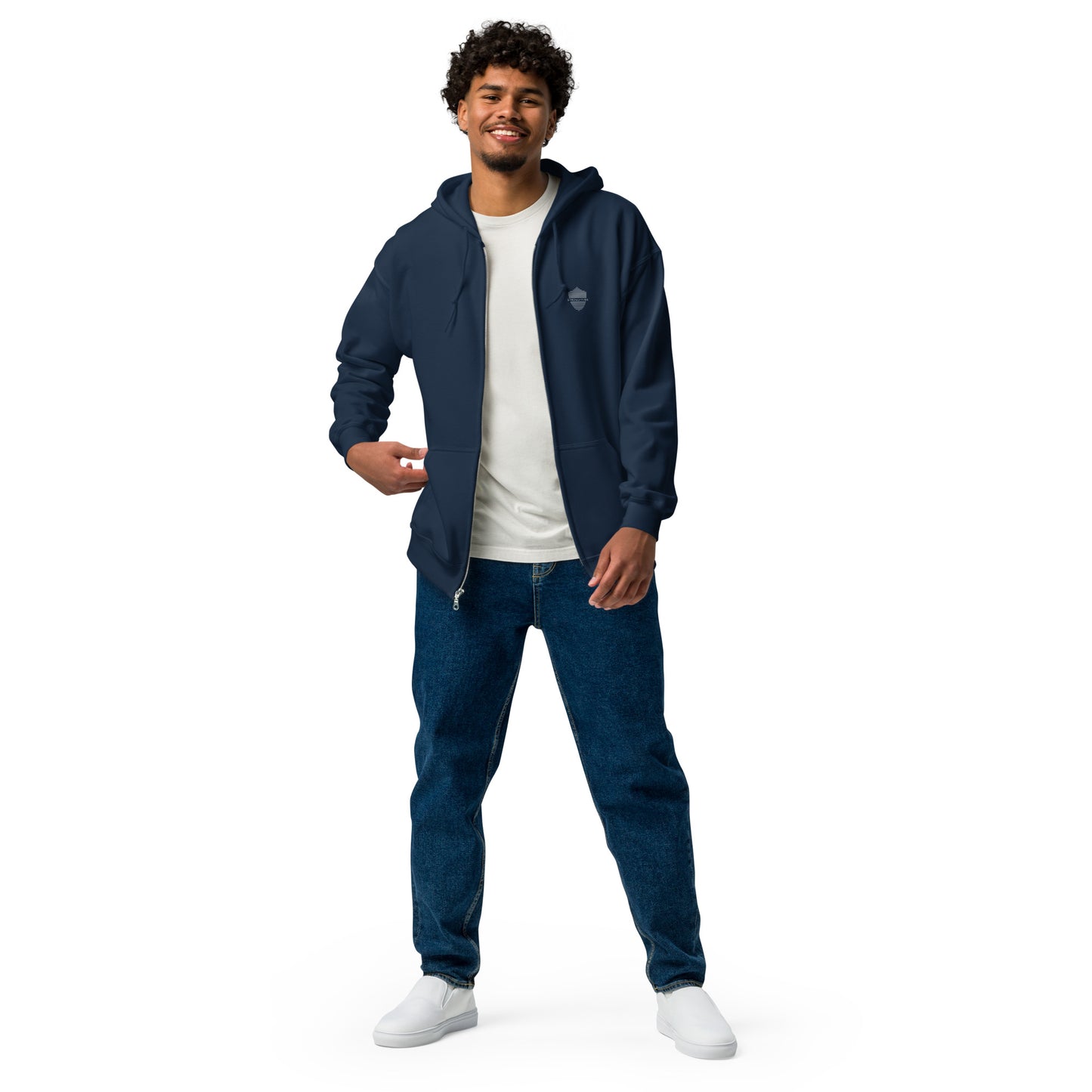 Men's Full Zip Hoodie, Black/Navy. S+F Shield Logo Design.