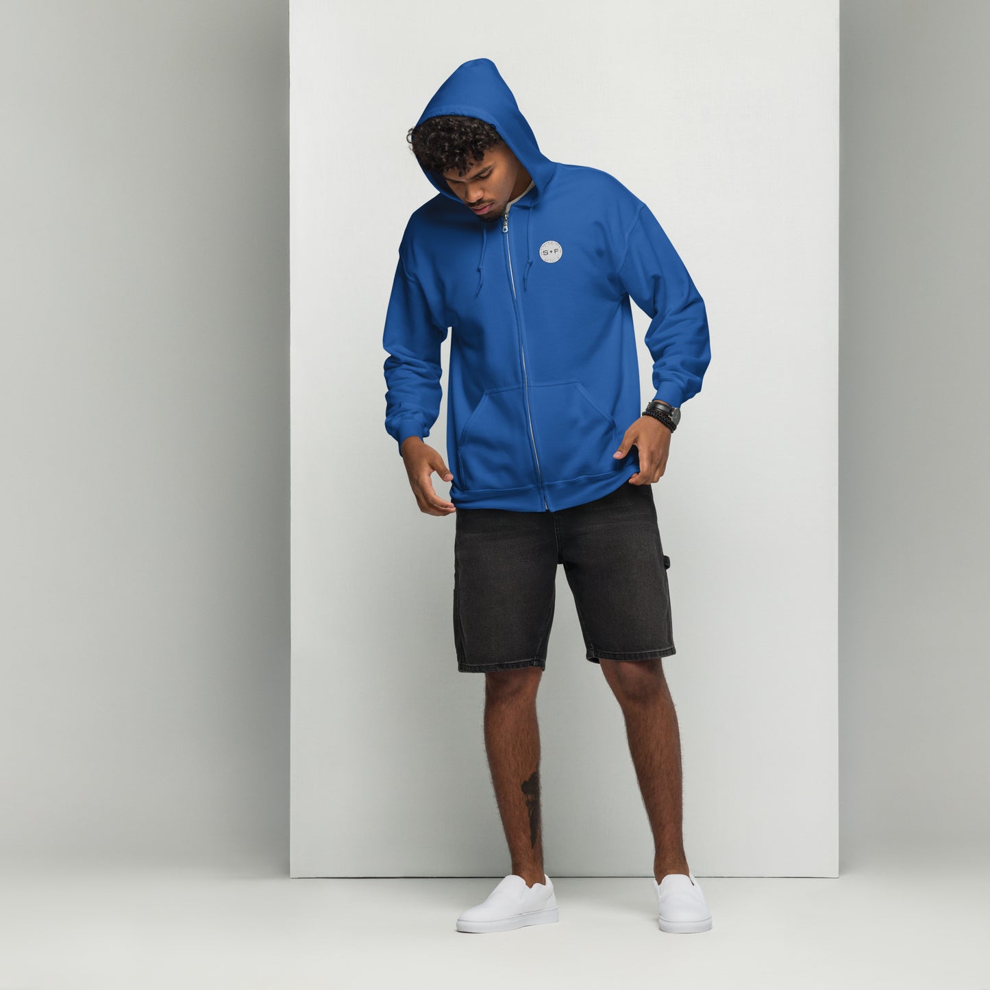 Men's Full Zip Hoodie, Black/Blue/Grey/White. S+F Reverse Grey Circle Logo Design.