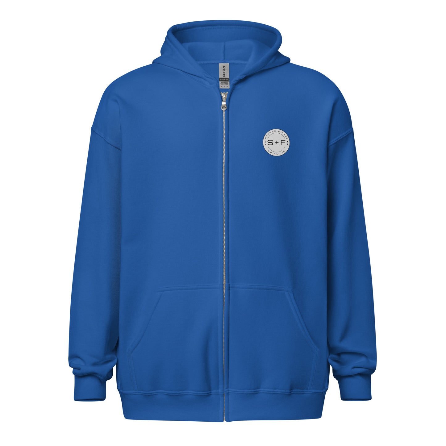 Men's Full Zip Hoodie, Black/Blue/Grey/White. S+F Reverse Grey Circle Logo Design.
